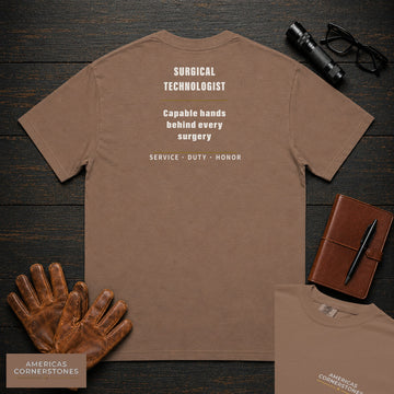 Surgical Technologist T-Shirt | Statement Embroidered Front + Back Print | Capable hands behind every surgery