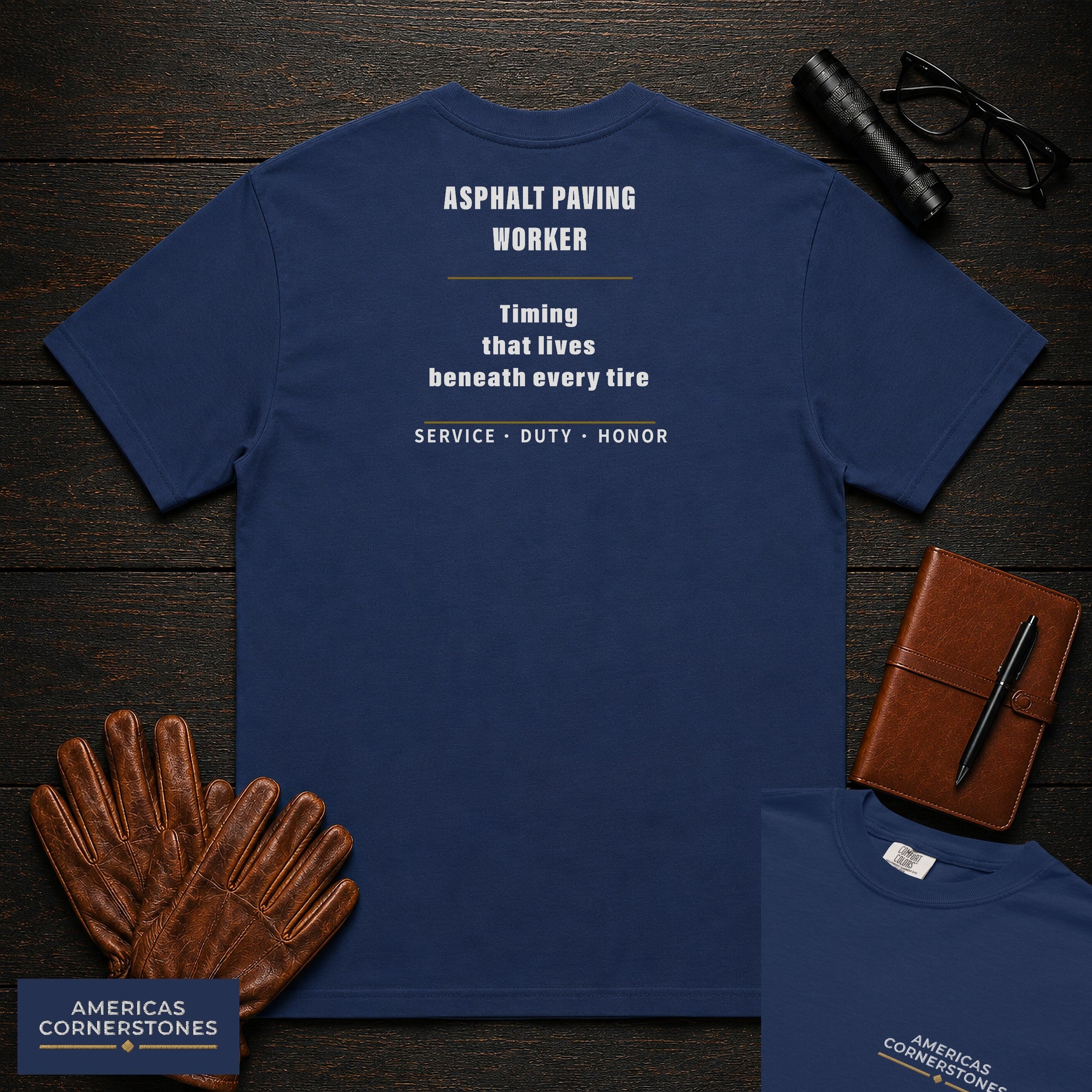 Asphalt Paving Worker Statement T-Shirt in True Navy — Americas Cornerstones