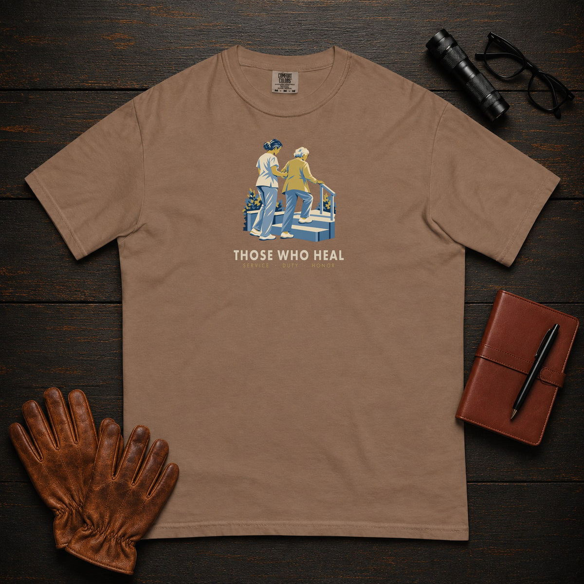 Those Who Heal: Steady Steps front print t-shirt in Espresso