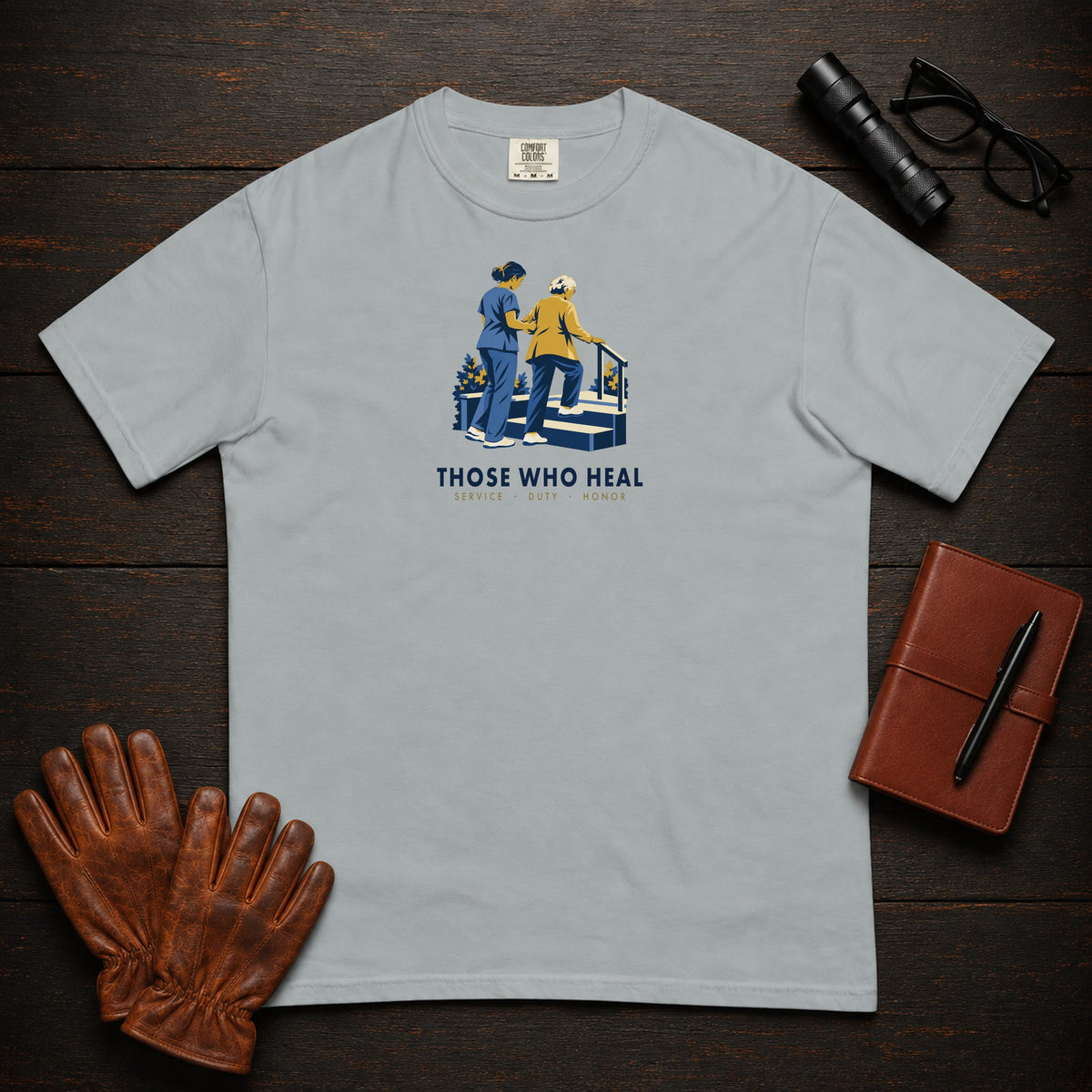 Those Who Heal: Steady Steps front print t-shirt in Granite