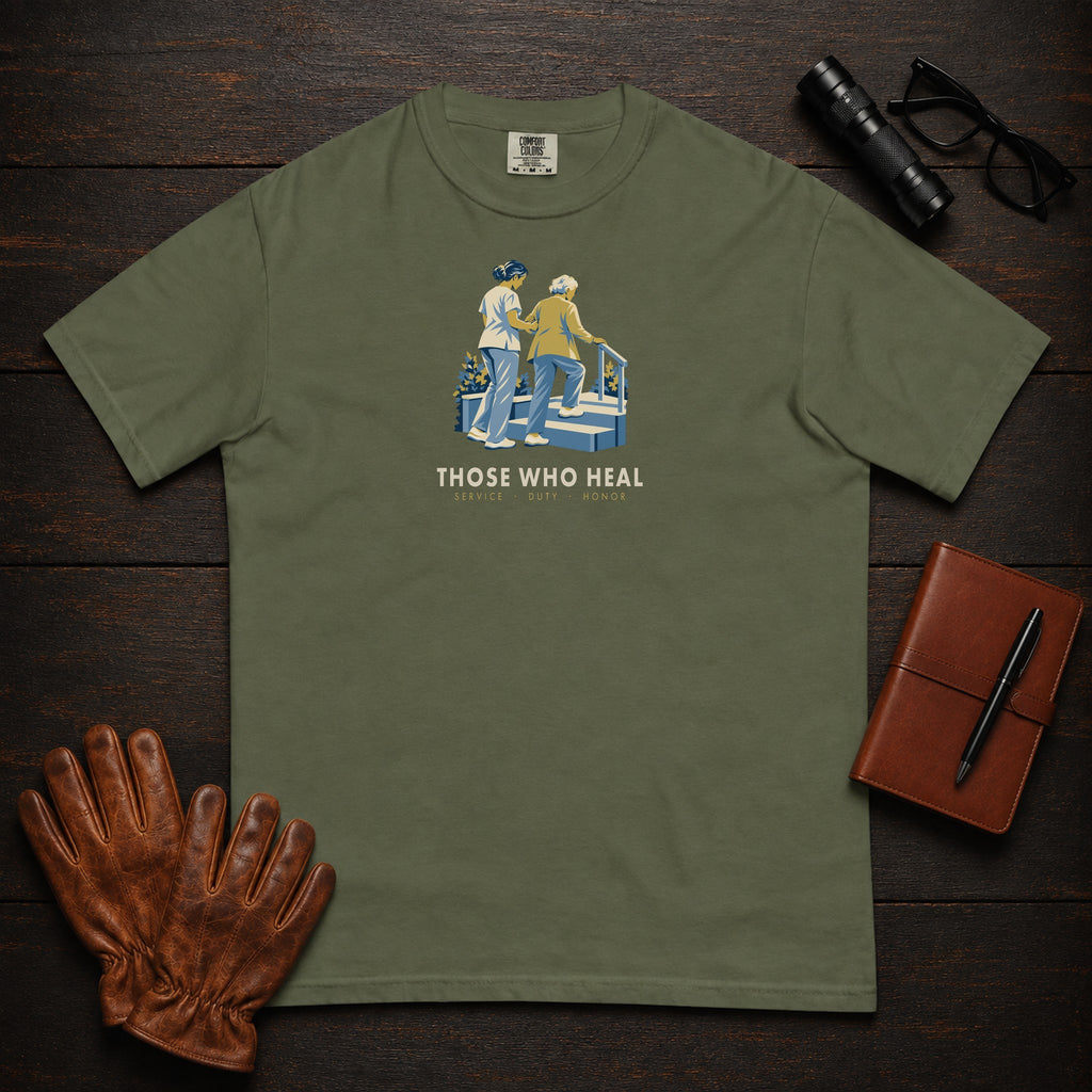 Those Who Heal: Steady Steps front print t-shirt in Hemp