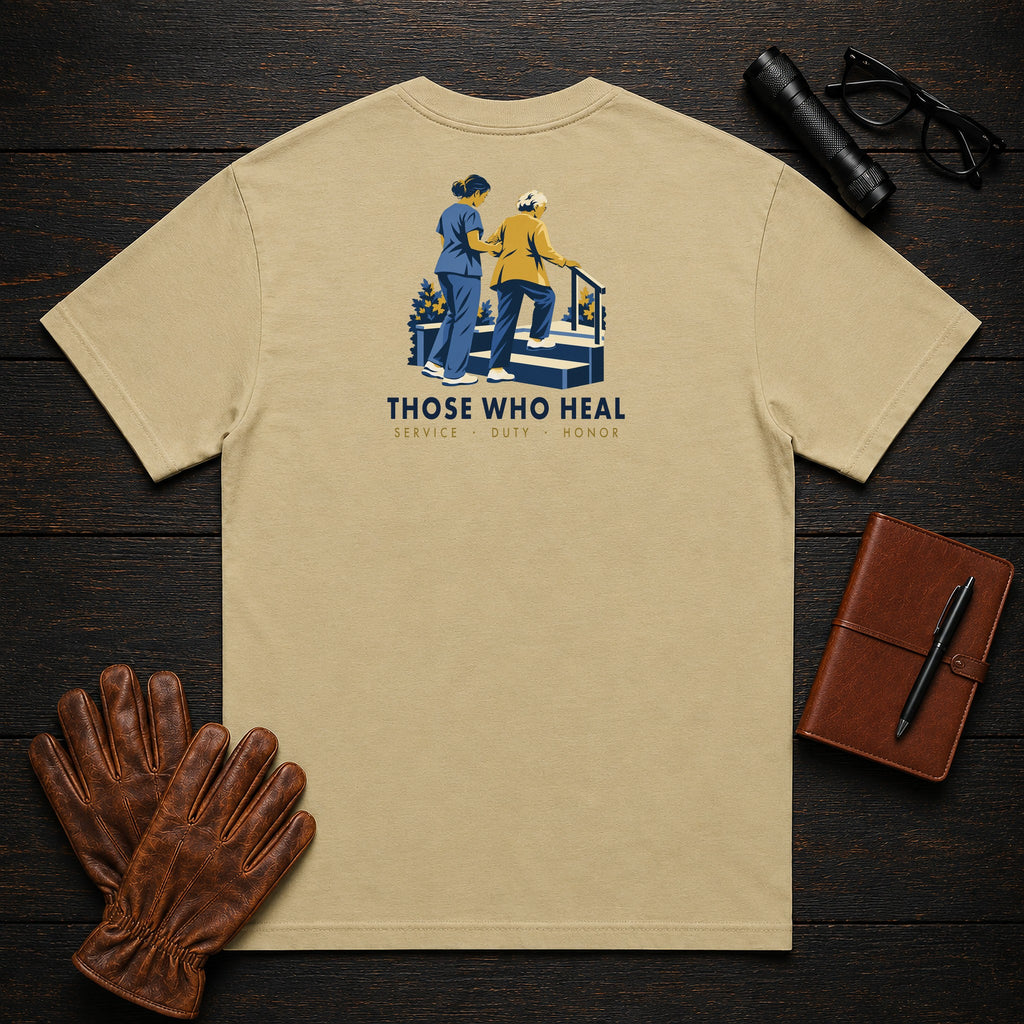 Those Who Heal: Steady Steps back print t-shirt in Khaki