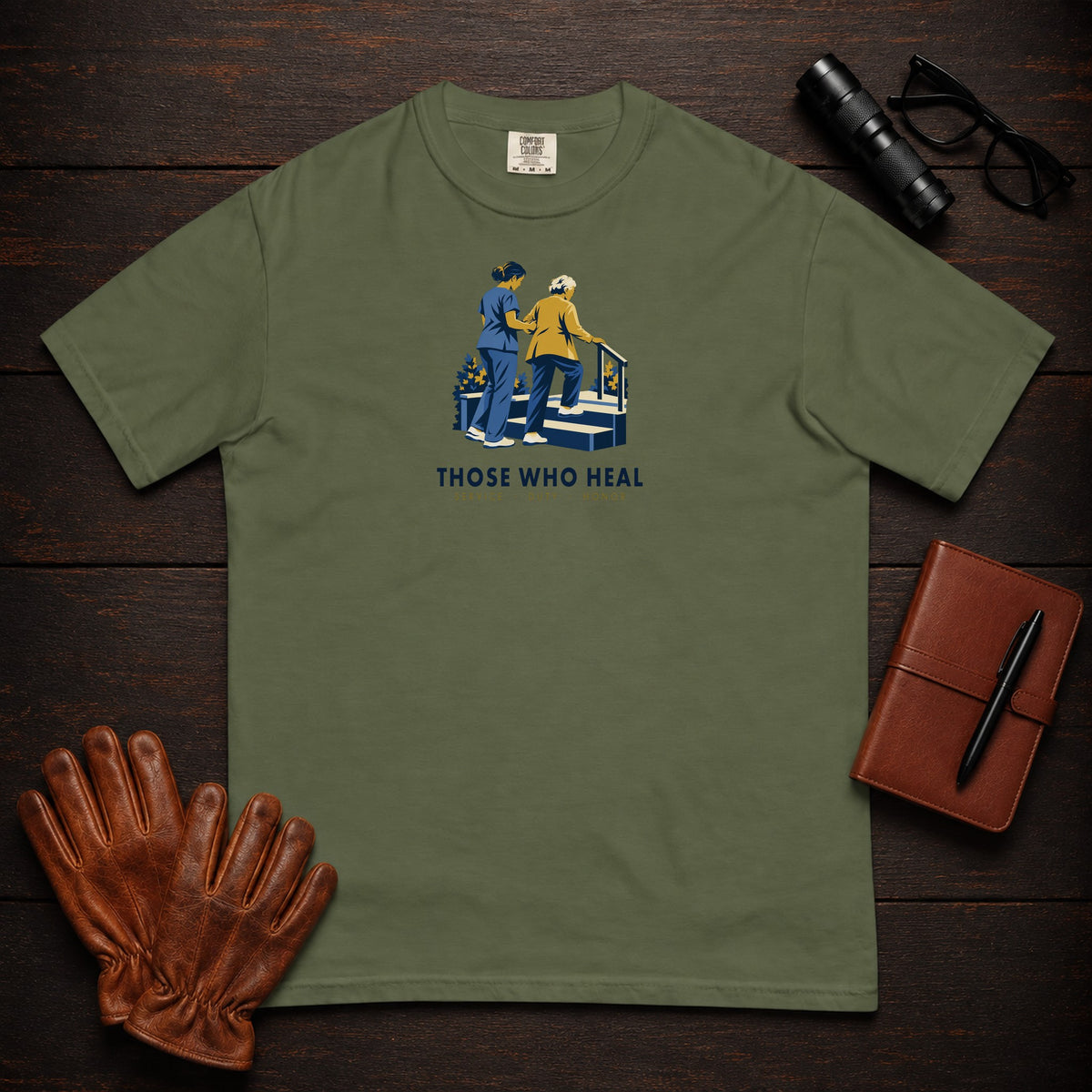 Those Who Heal: Steady Steps front print t-shirt in Moss