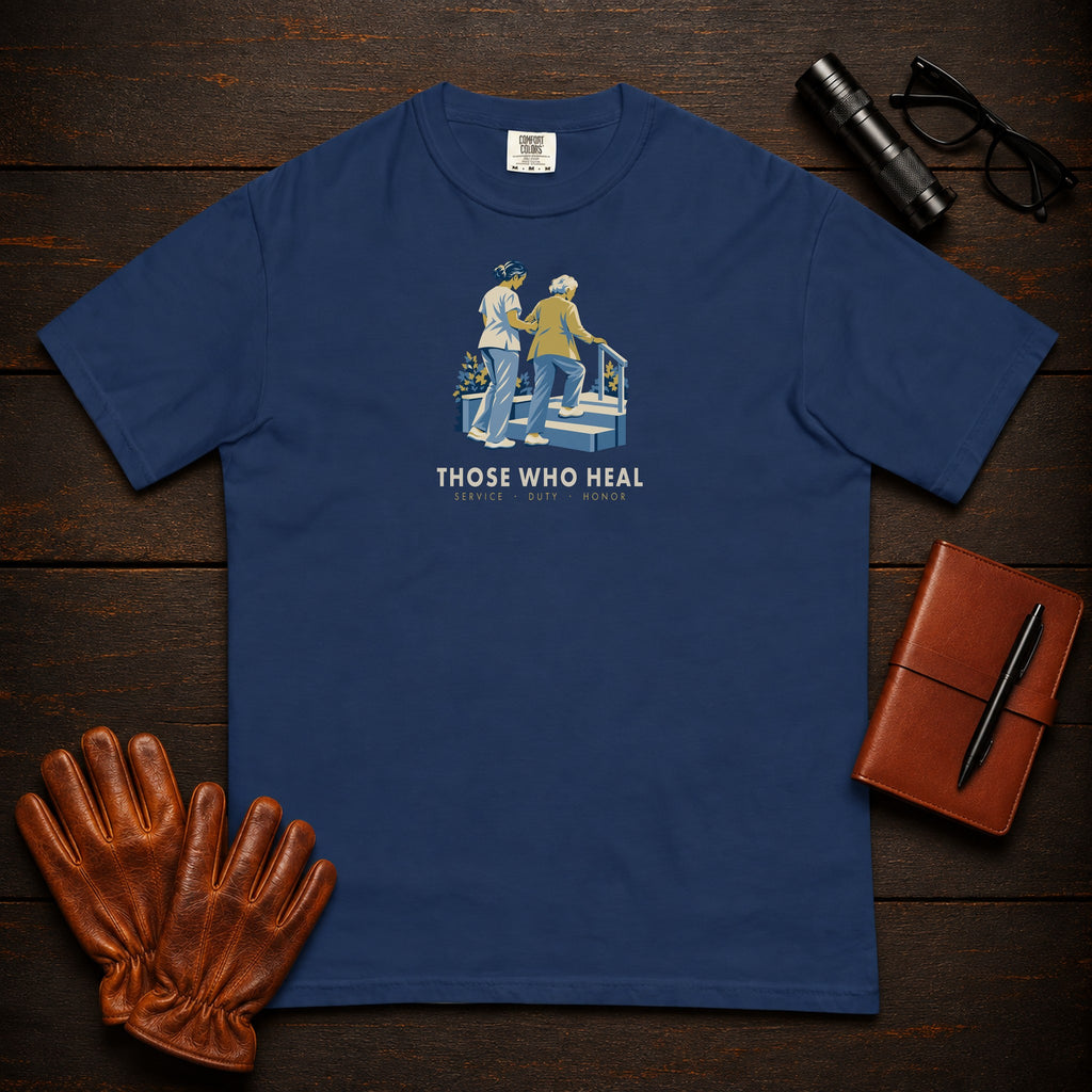 Those Who Heal: Steady Steps front print t-shirt in True Navy