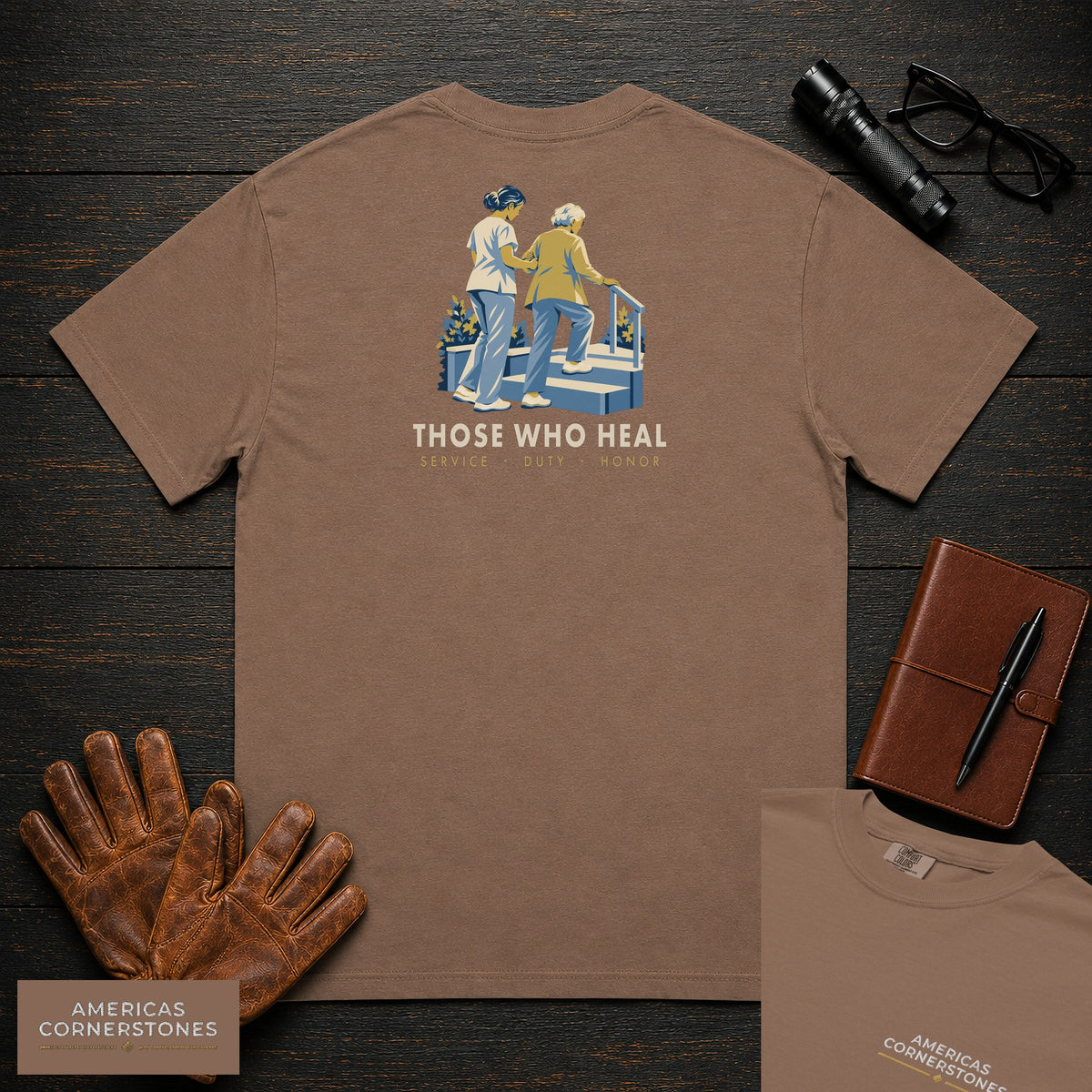 Those Who Heal: Steady Steps embroidered front and back print t-shirt in Espresso