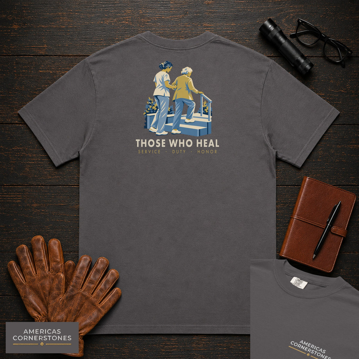 Those Who Heal: Steady Steps embroidered front and back print t-shirt in Graphite