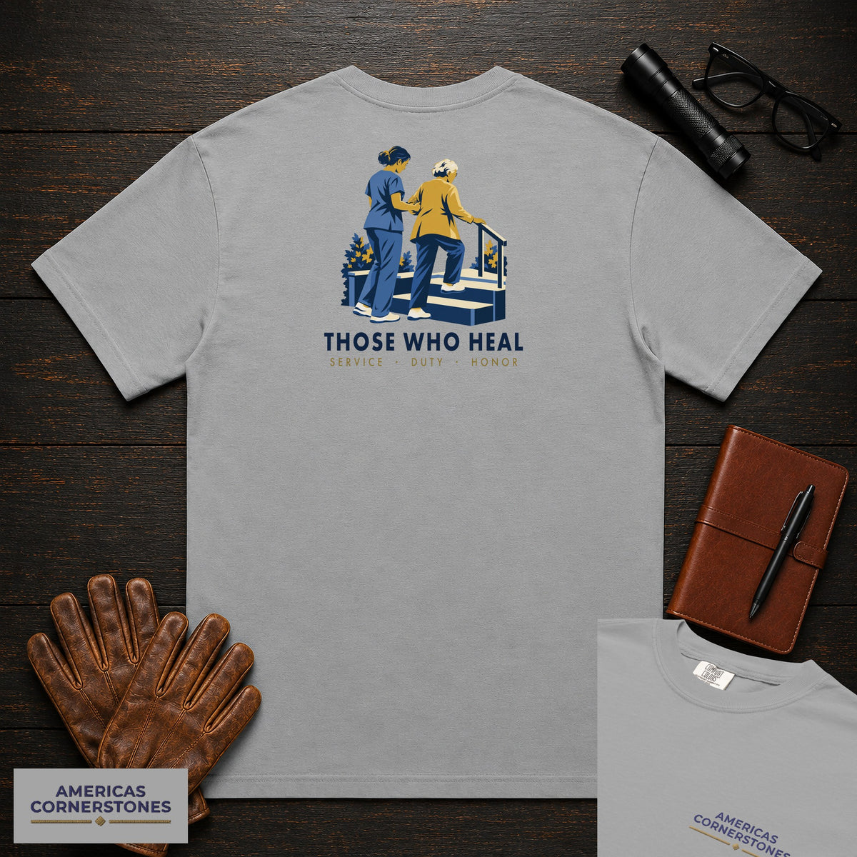 Those Who Heal: Steady Steps embroidered front and back print t-shirt in Grey