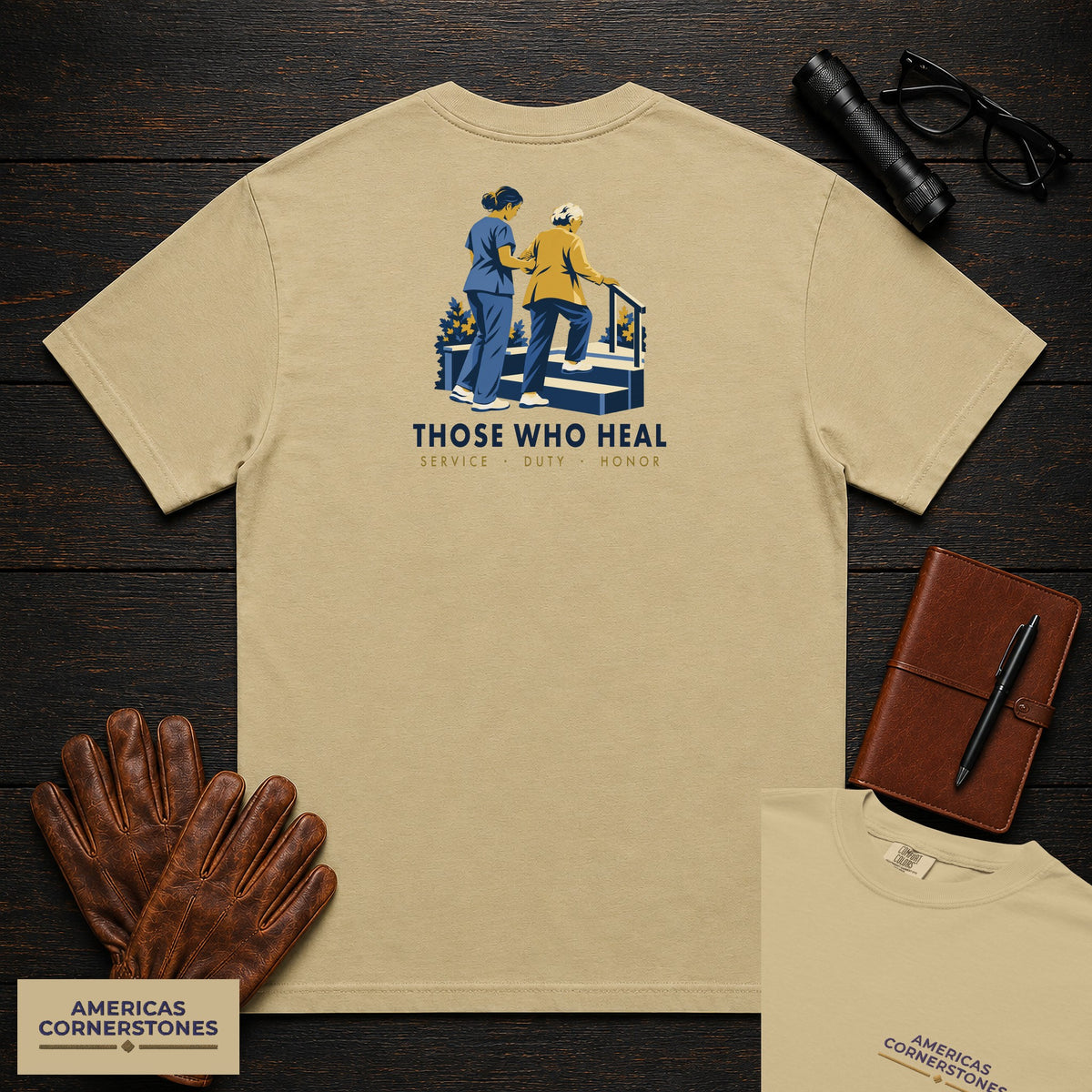 Those Who Heal: Steady Steps embroidered front and back print t-shirt in Khaki