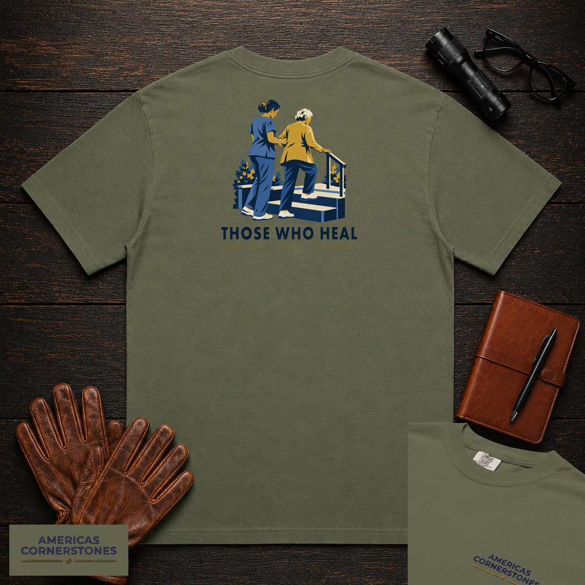 Those Who Heal: Steady Steps embroidered front and back print t-shirt in Moss
