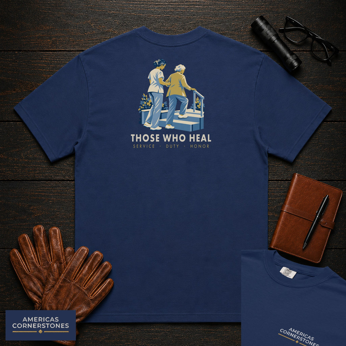 Those Who Heal: Steady Steps embroidered front and back print t-shirt in True Navy