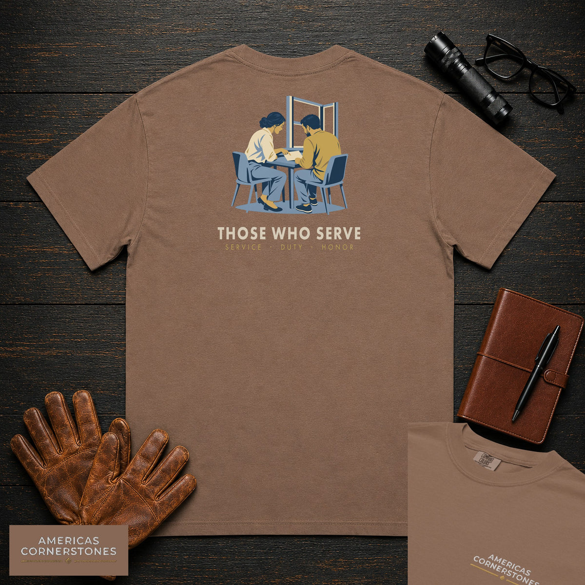 Those Who Serve: Side by Side embroidered front and back print t-shirt in Espresso