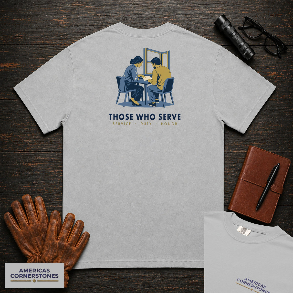 Those Who Serve: Side by Side embroidered front and back print t-shirt in Granite