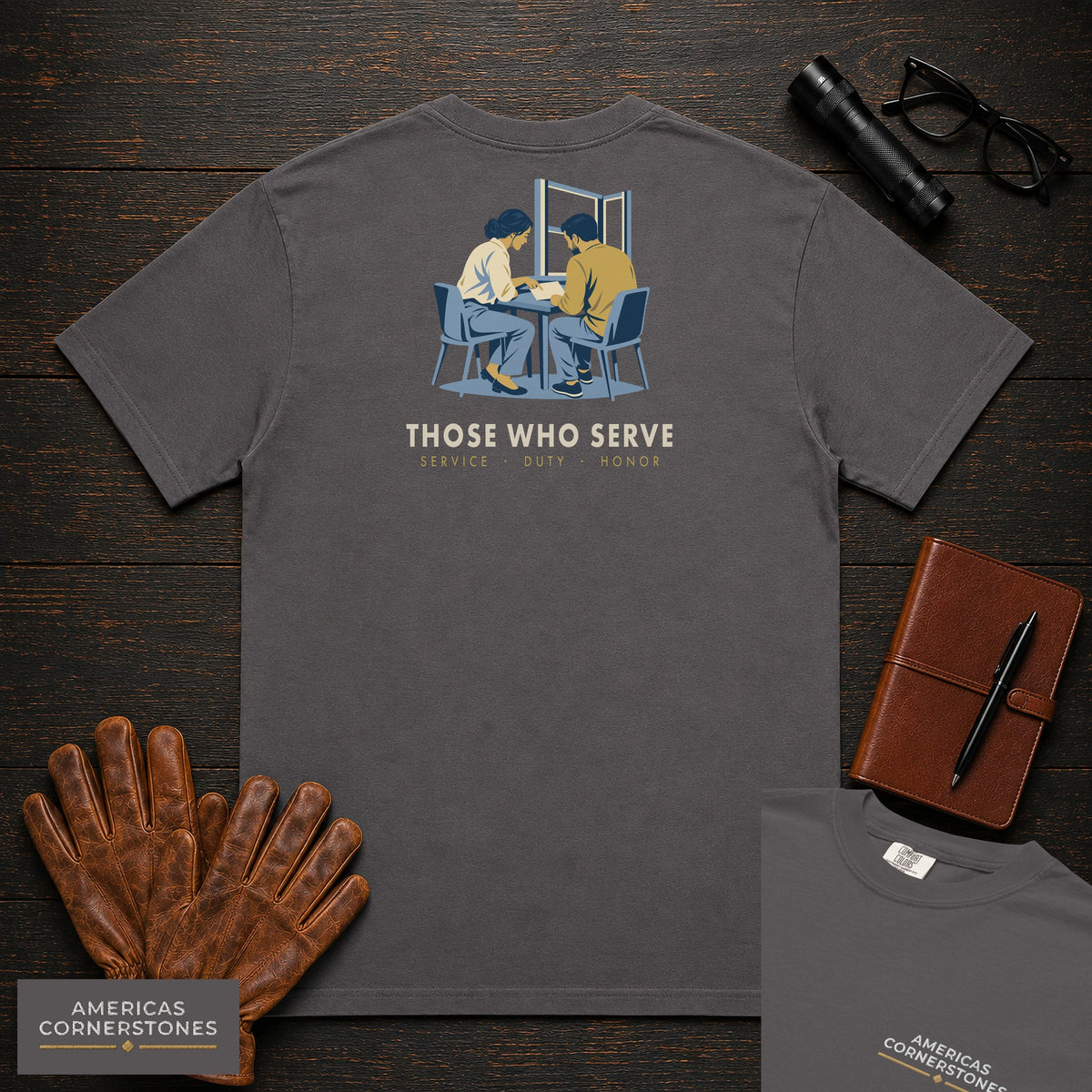 Those Who Serve: Side by Side embroidered front and back print t-shirt in Graphite