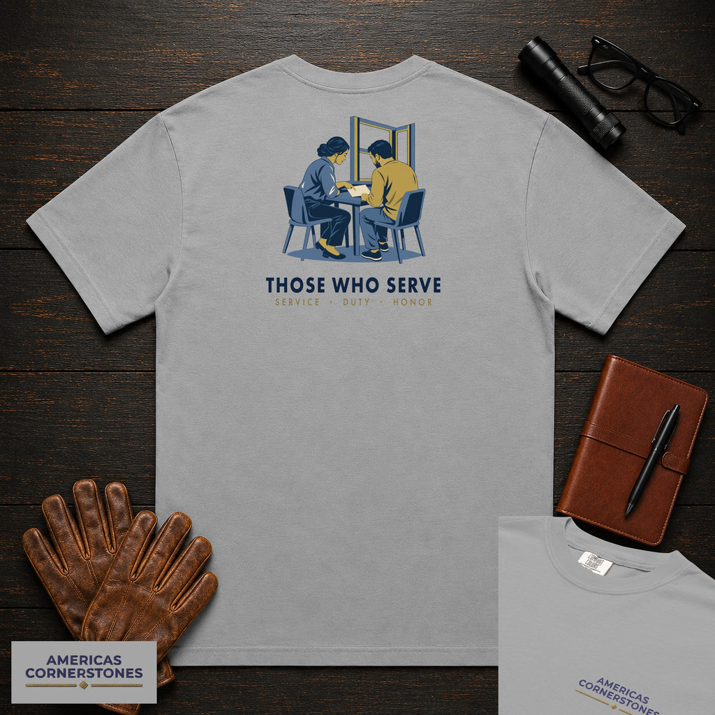 Those Who Serve: Side by Side embroidered front and back print t-shirt in Grey