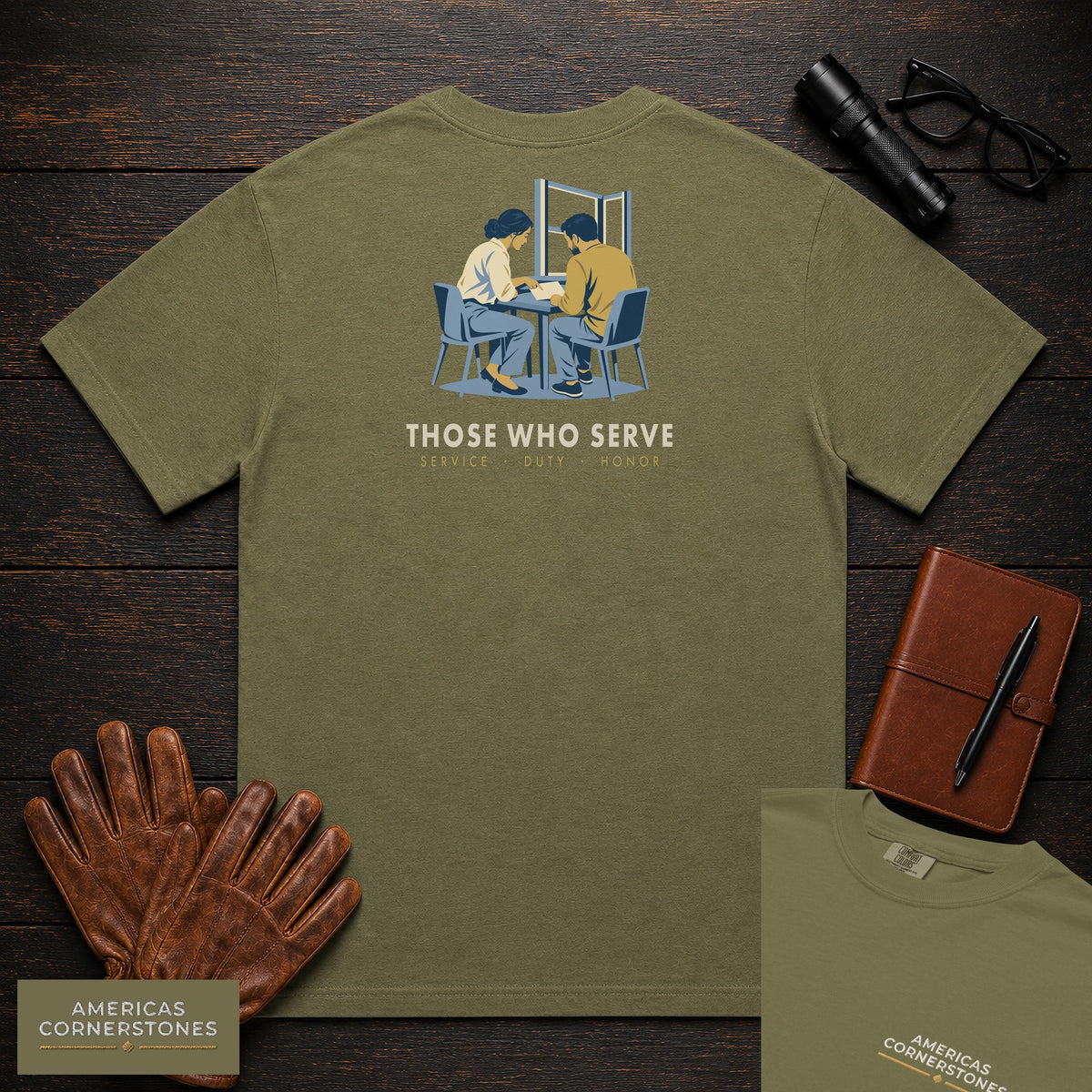 Those Who Serve: Side by Side embroidered front and back print t-shirt in Hemp