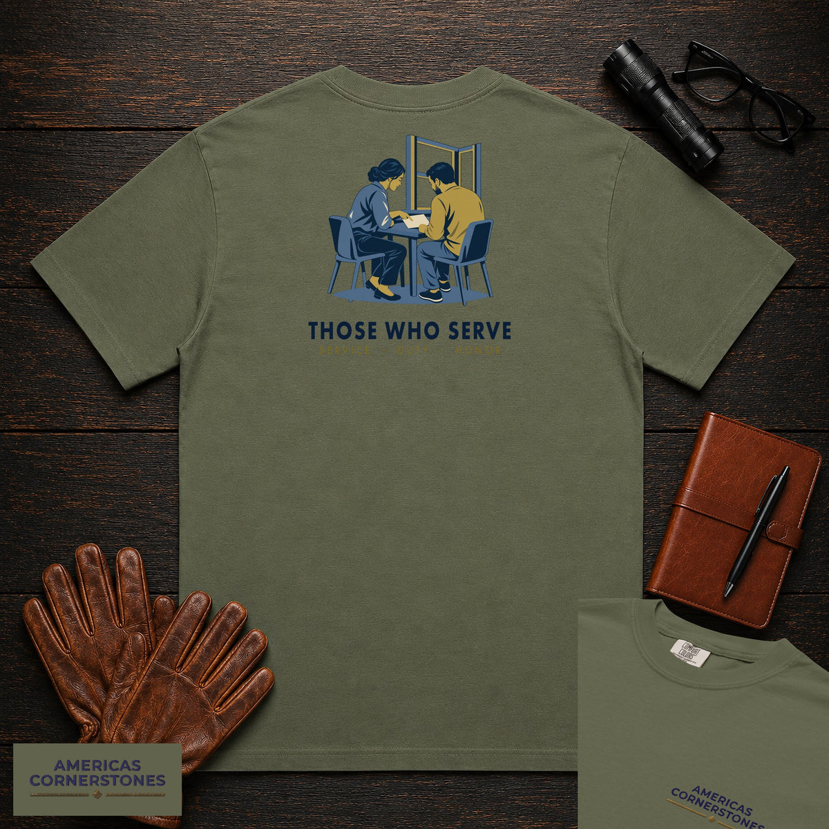 Those Who Serve: Side by Side embroidered front and back print t-shirt in Moss