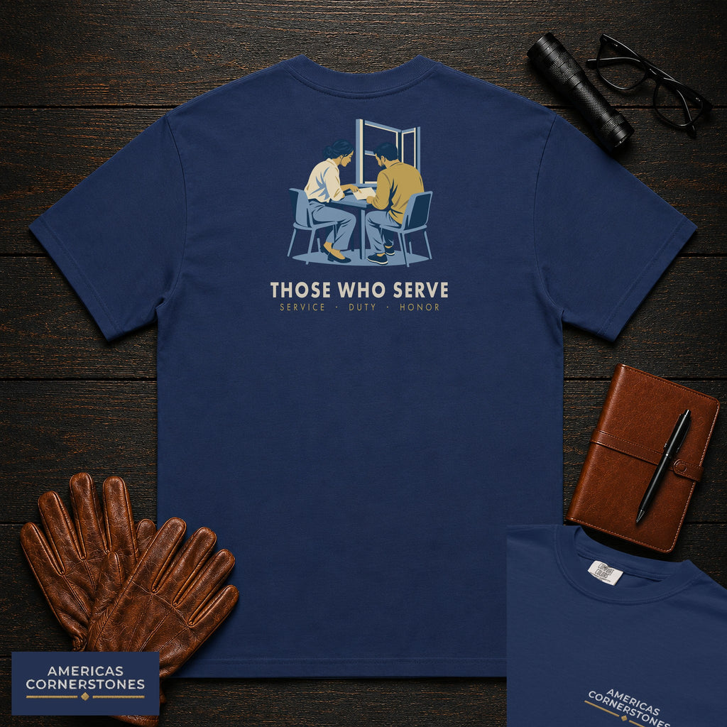 Those Who Serve: Side by Side embroidered front and back print t-shirt in True Navy