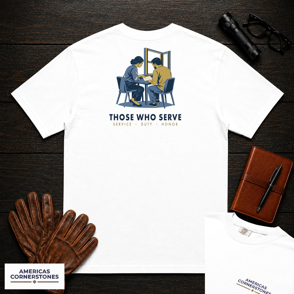 Those Who Serve: Side by Side embroidered front and back print t-shirt in White