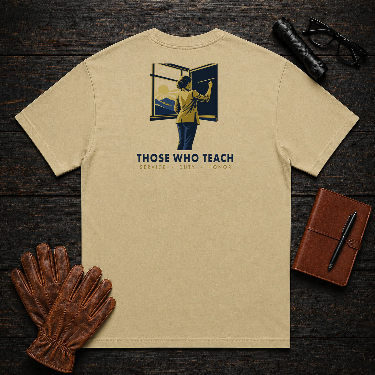 Those Who Teach: First Light back print t-shirt in Khaki