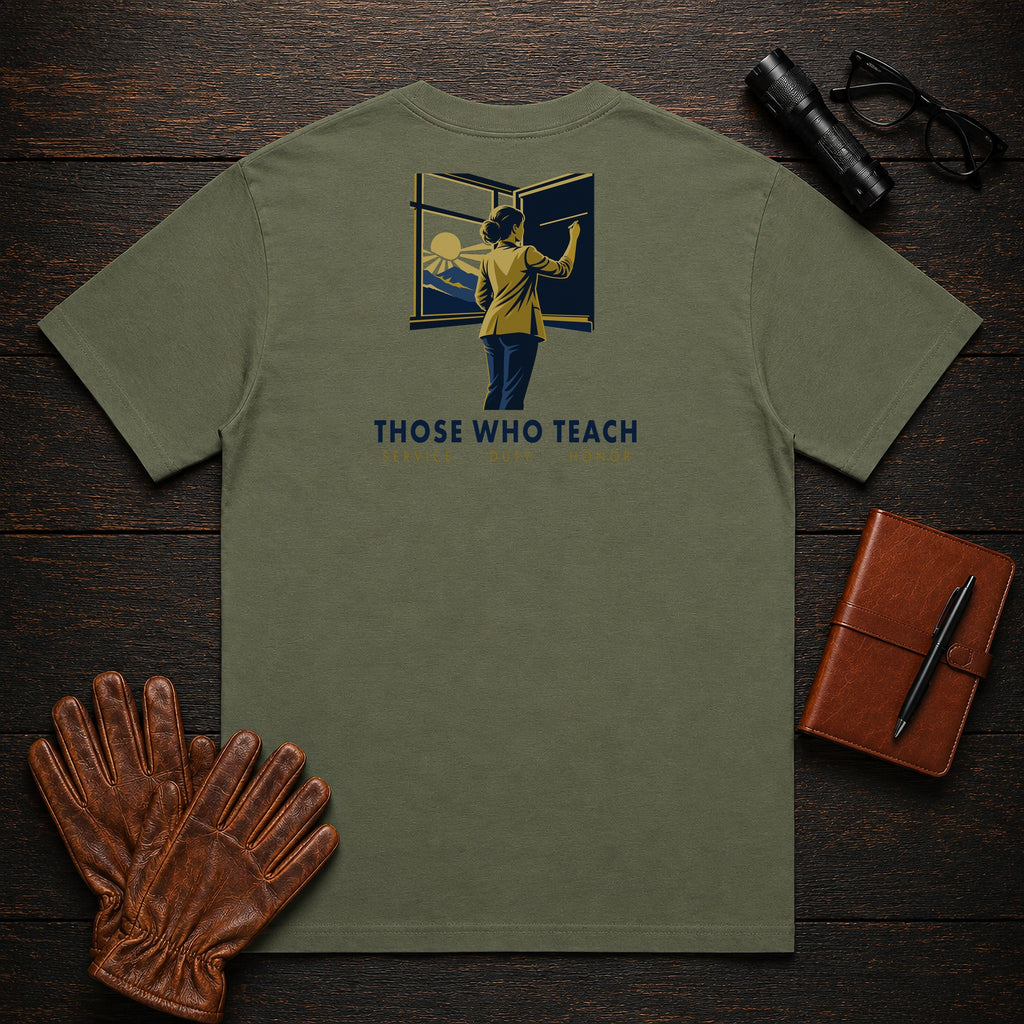 Those Who Teach: First Light back print t-shirt in Moss