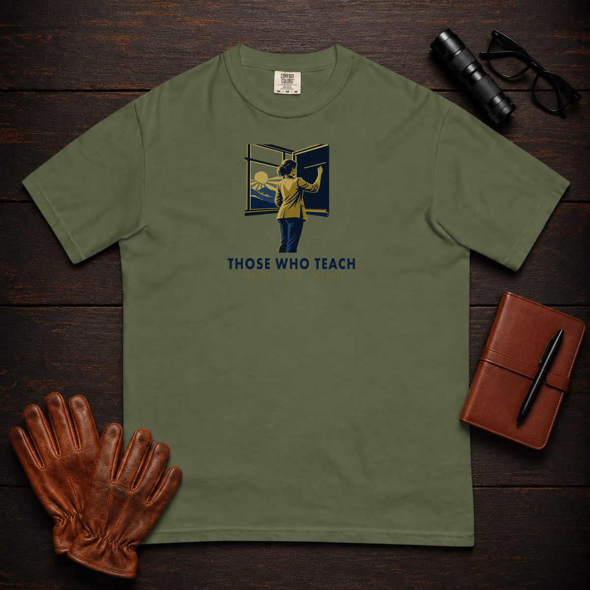 Those Who Teach: First Light front print t-shirt in Moss