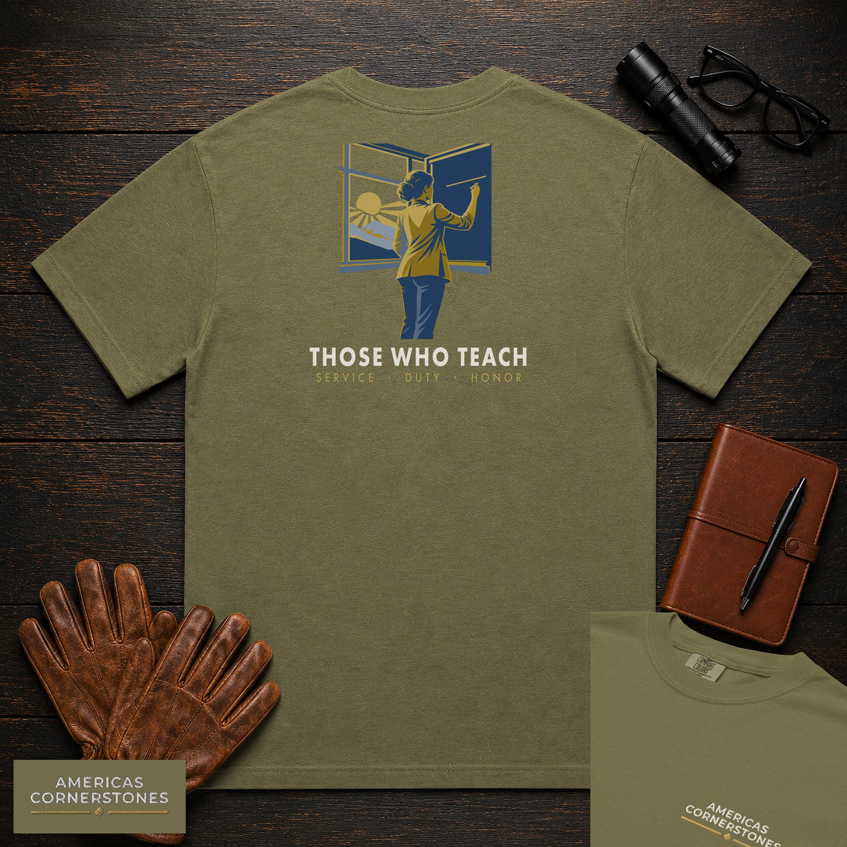 Those Who Teach: First Light embroidered front and back print t-shirt in Hemp
