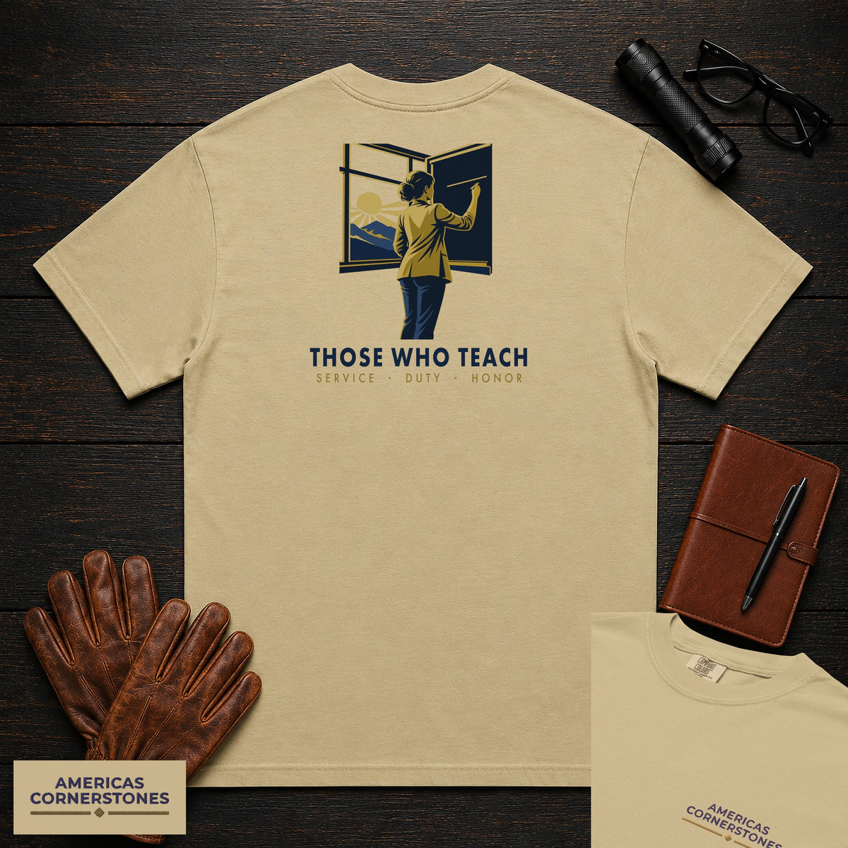 Those Who Teach: First Light embroidered front and back print t-shirt in Khaki
