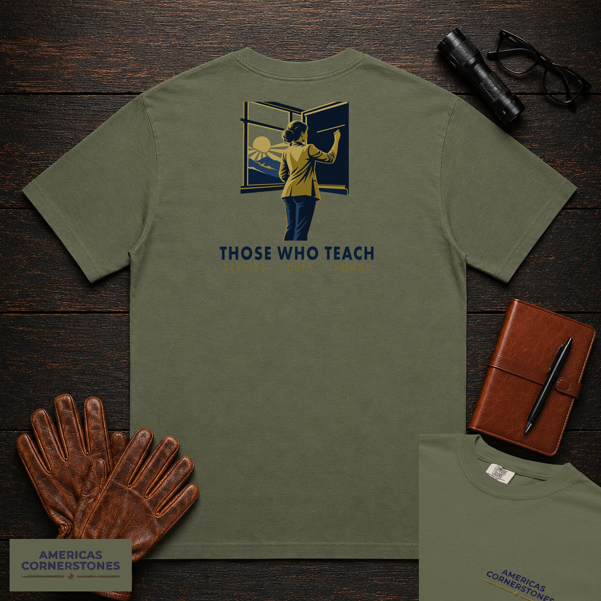 Those Who Teach: First Light embroidered front and back print t-shirt in Moss