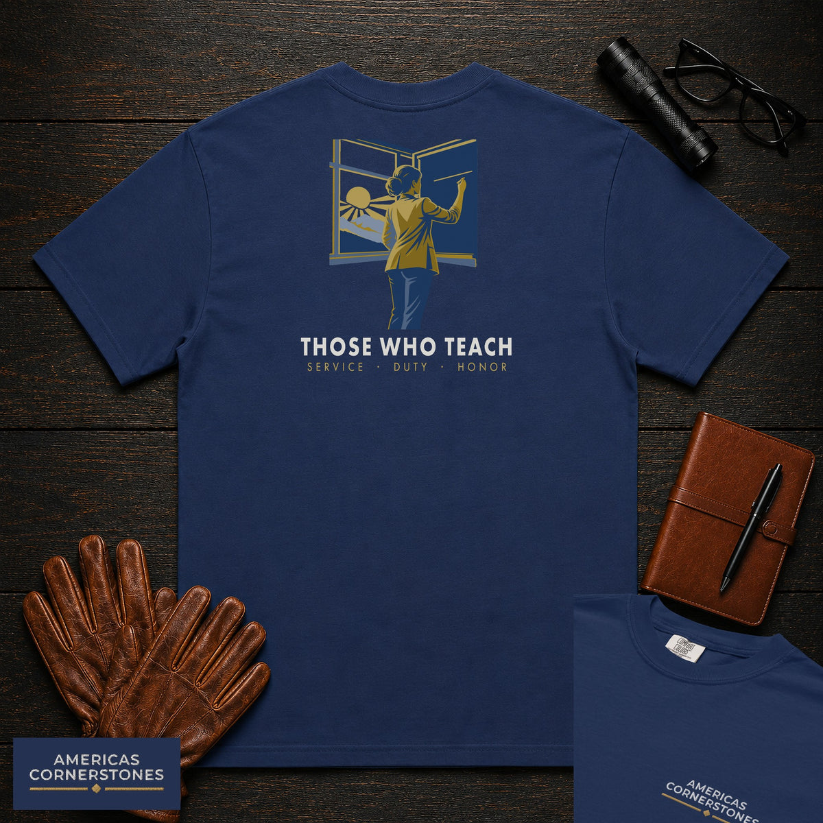 Those Who Teach: First Light embroidered front and back print t-shirt in True Navy