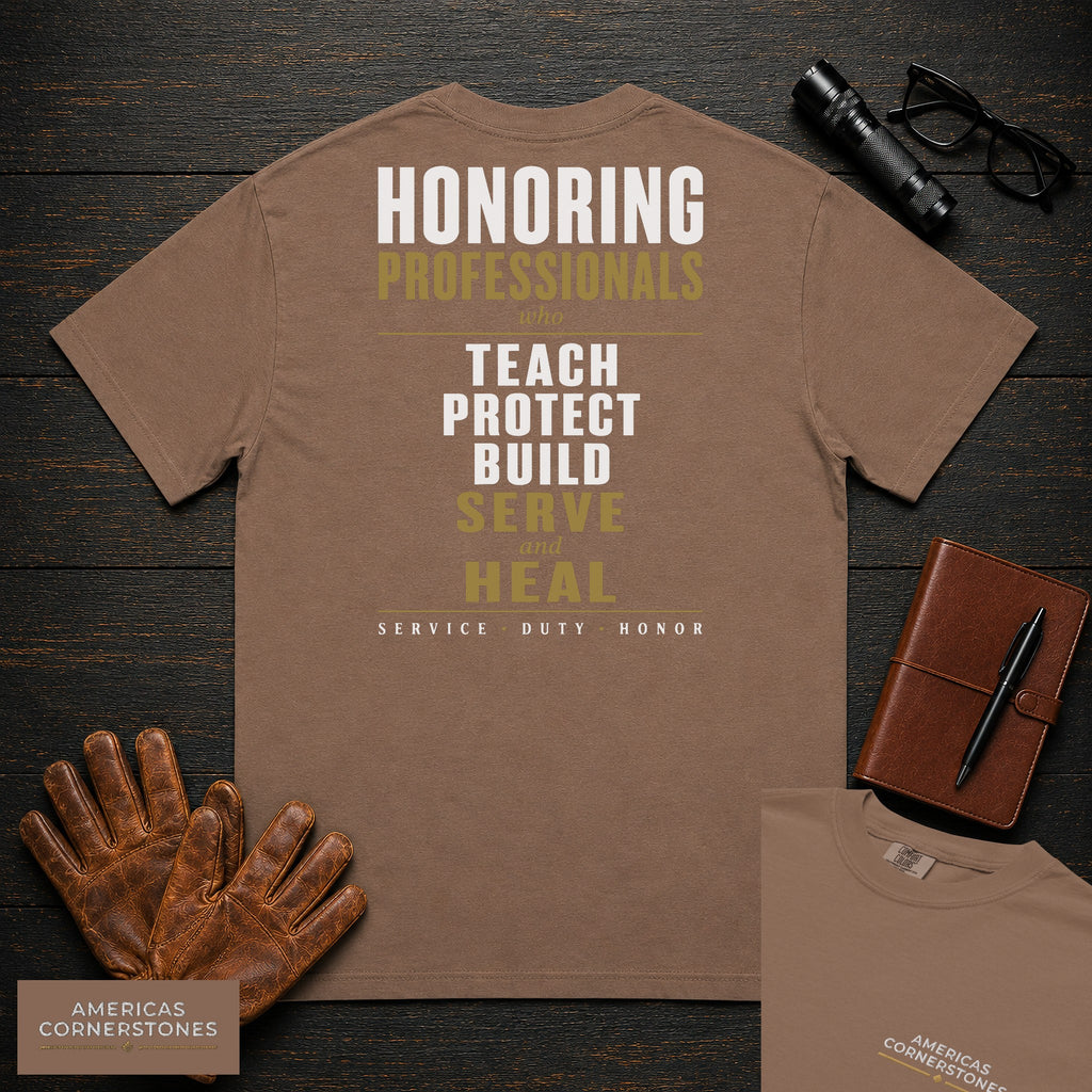 Honoring Professionals Statement T-Shirt in Espresso — Americas Cornerstones