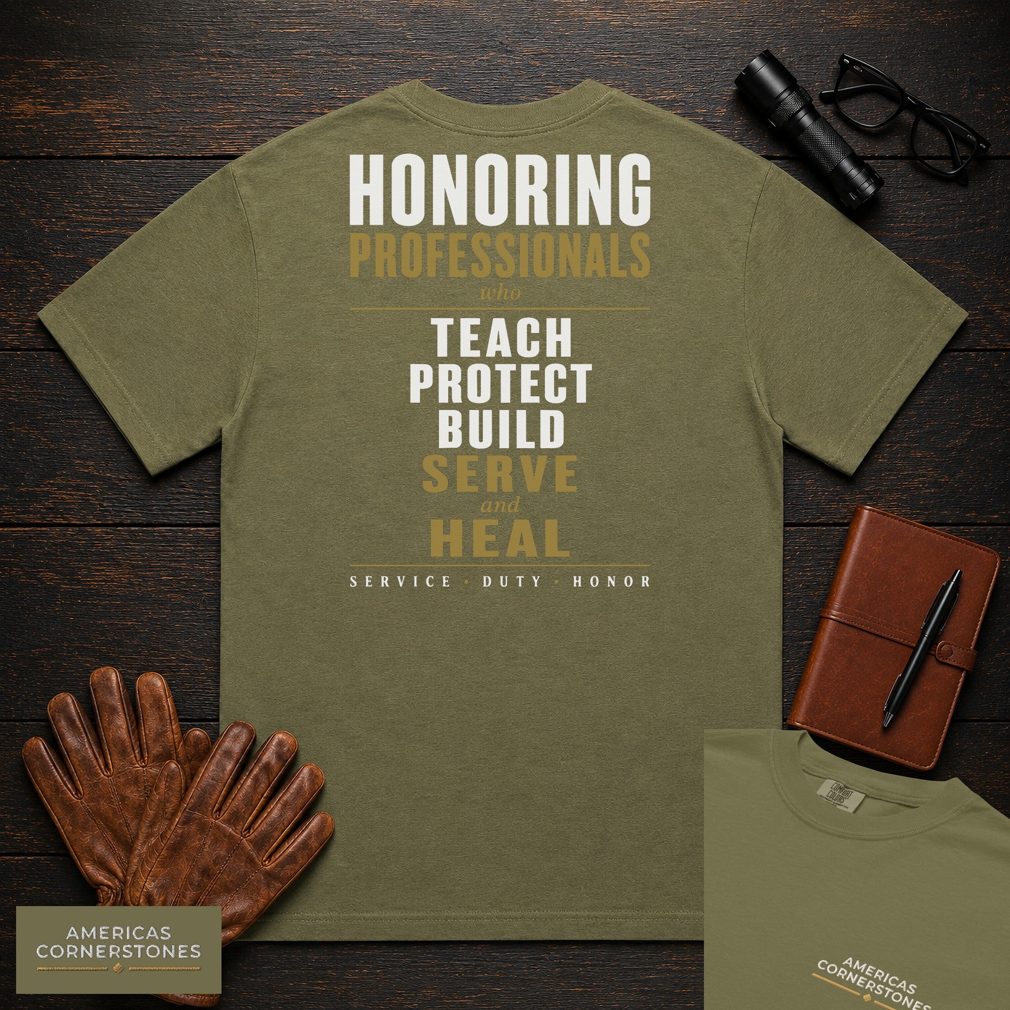 Honoring Professionals Statement T-Shirt in Hemp — Americas Cornerstones