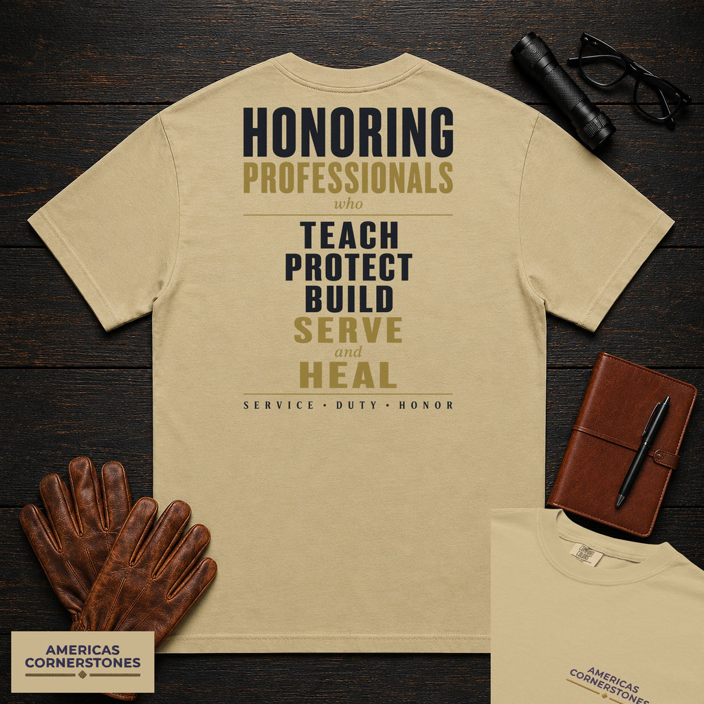 Honoring Professionals Statement T-Shirt in Khaki — Americas Cornerstones