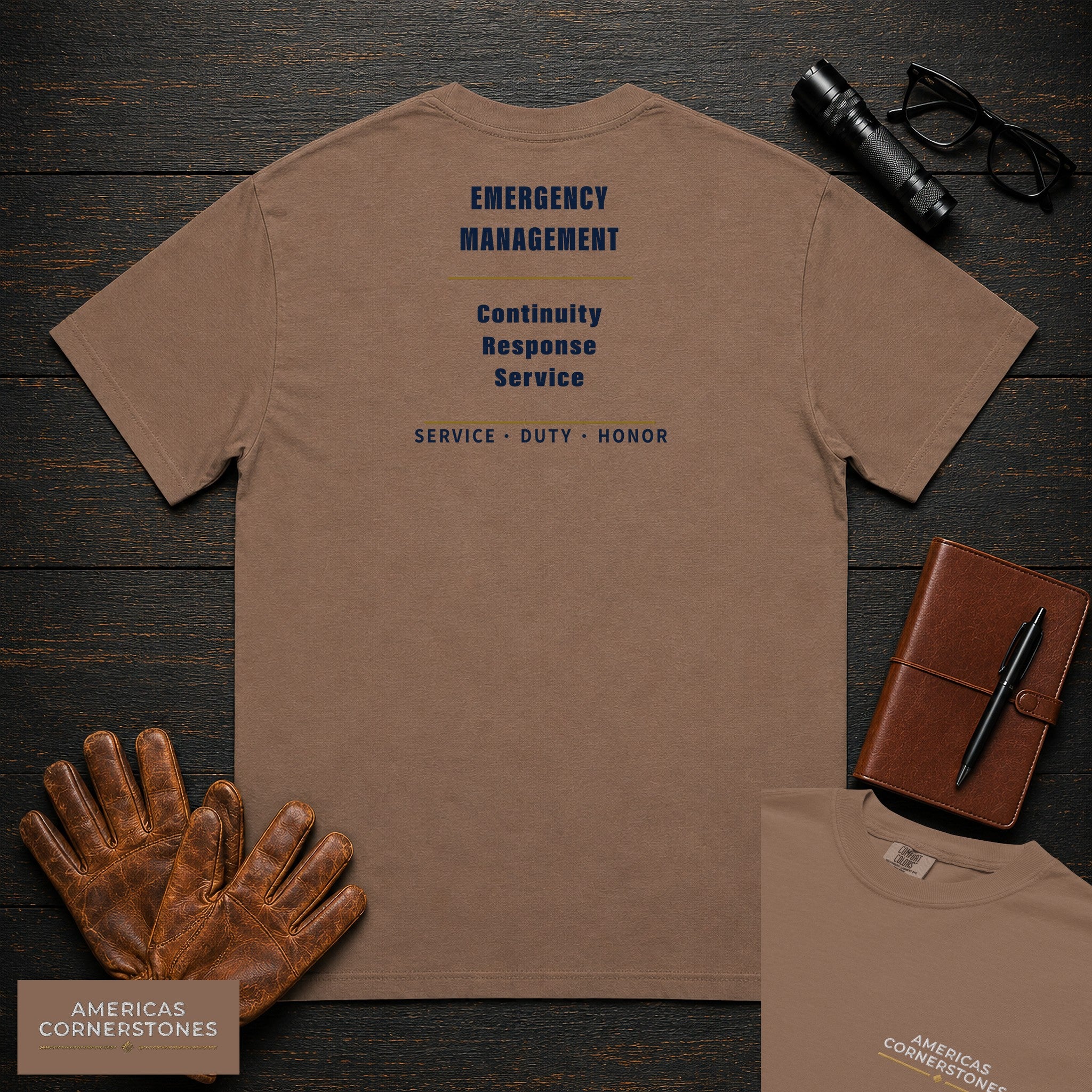 Emergency Management Statement T-Shirt in Espresso — Americas Cornerstones