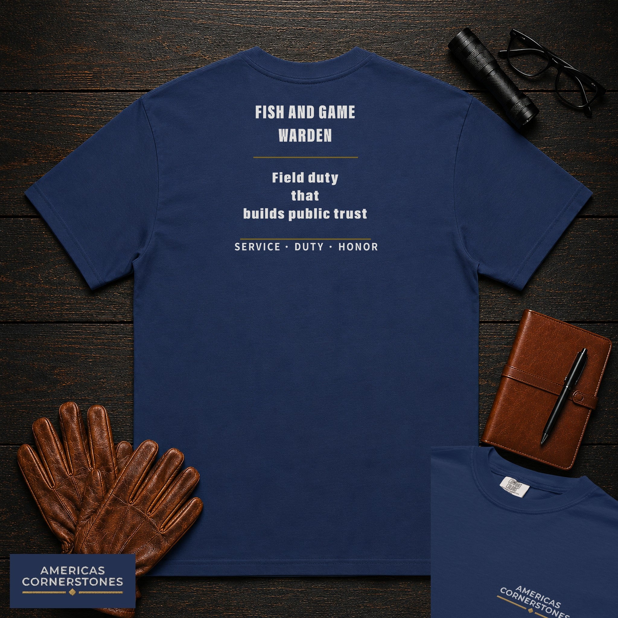 Fish and Game Warden Statement T-Shirt in True Navy — Americas Cornerstones