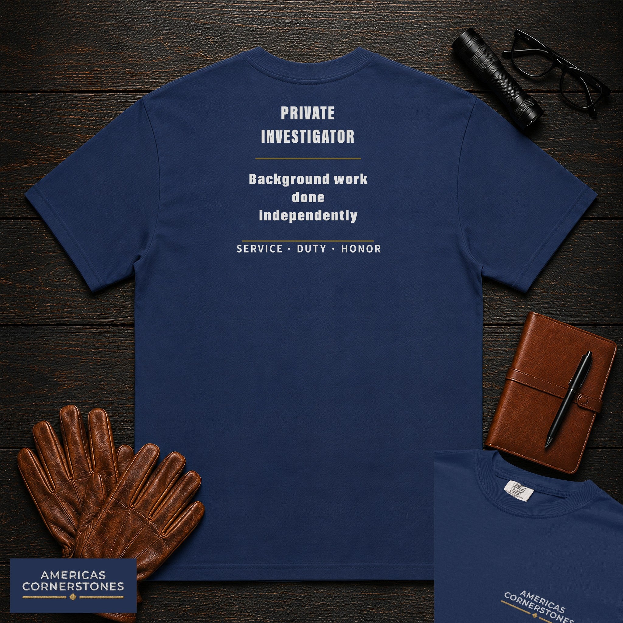 Private Investigator Statement T-Shirt in True Navy — Americas Cornerstones