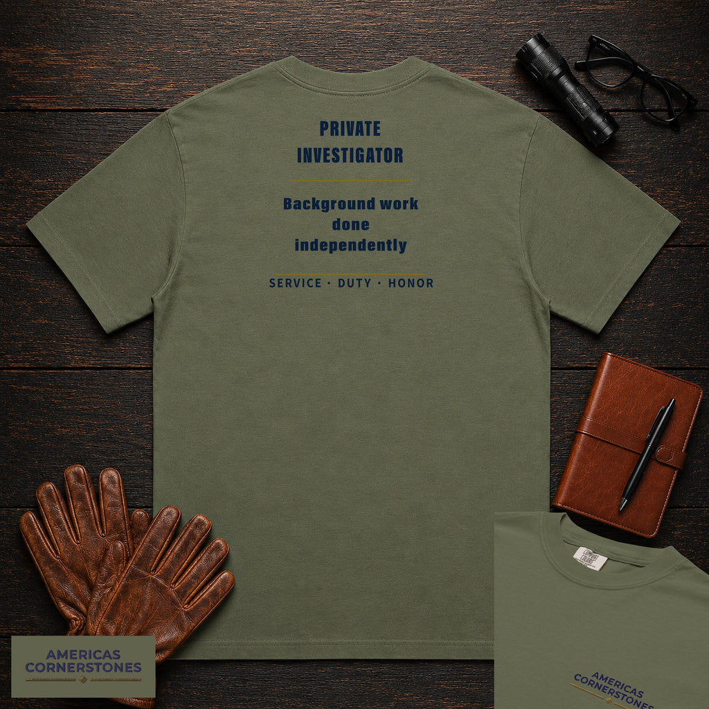 Private Investigator Statement T-Shirt in Moss — Americas Cornerstones
