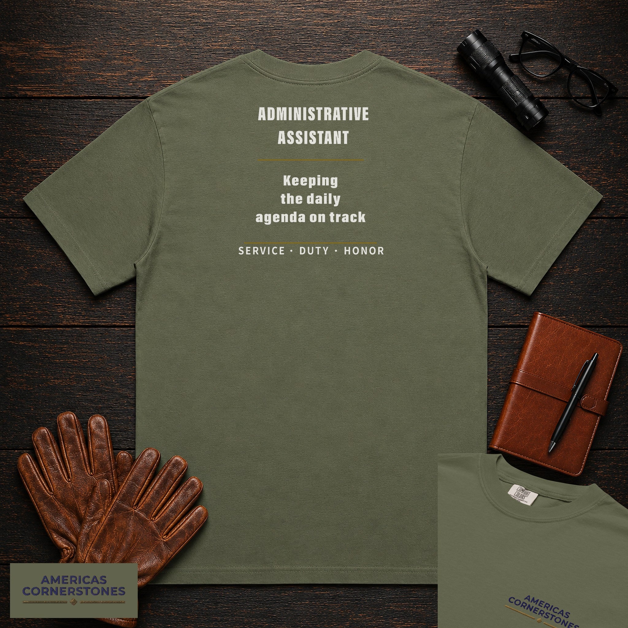 Administrative Assistant Statement T-Shirt in Moss — Americas Cornerstones