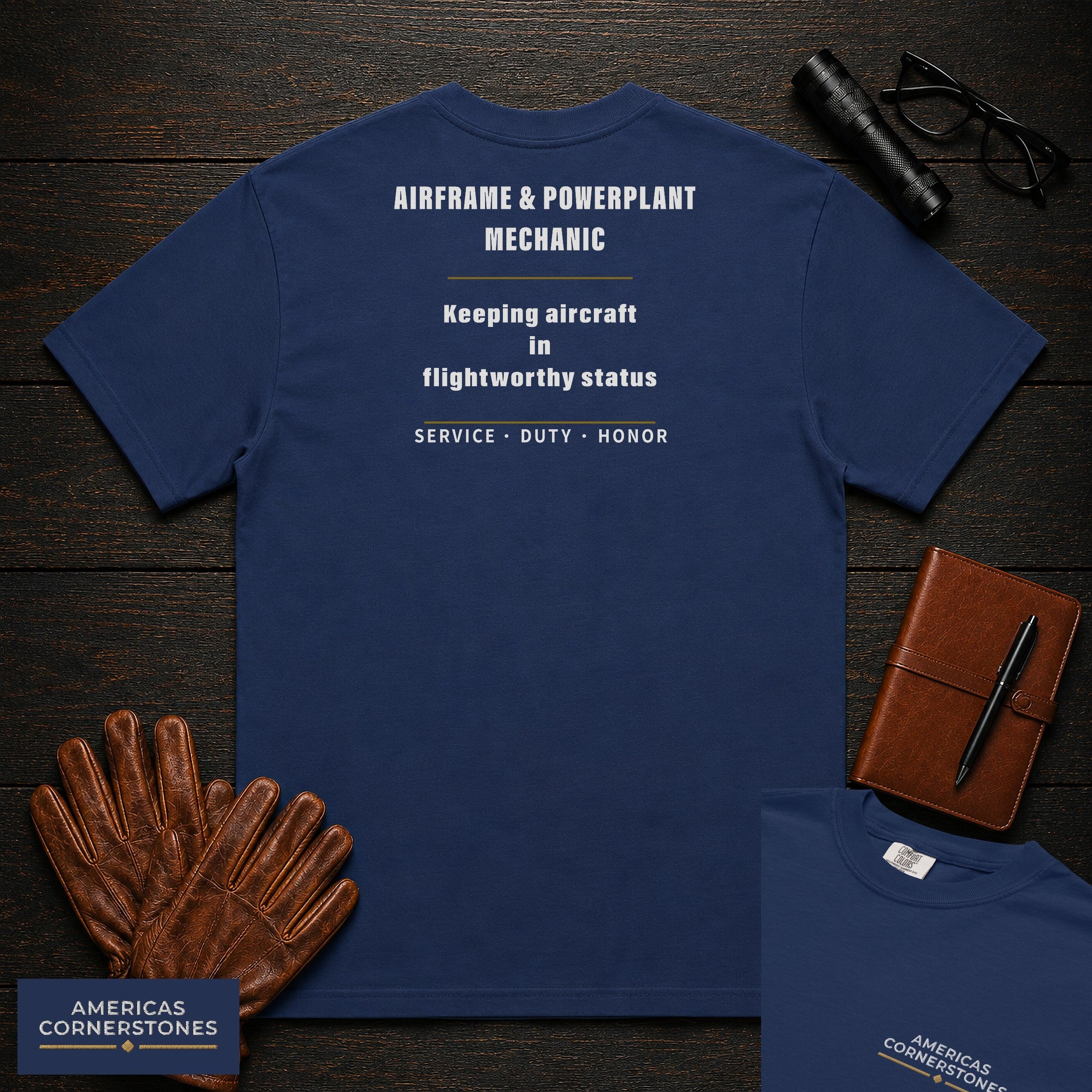 Airframe Powerplant Mechanic Statement T-Shirt in True Navy — Americas Cornerstones