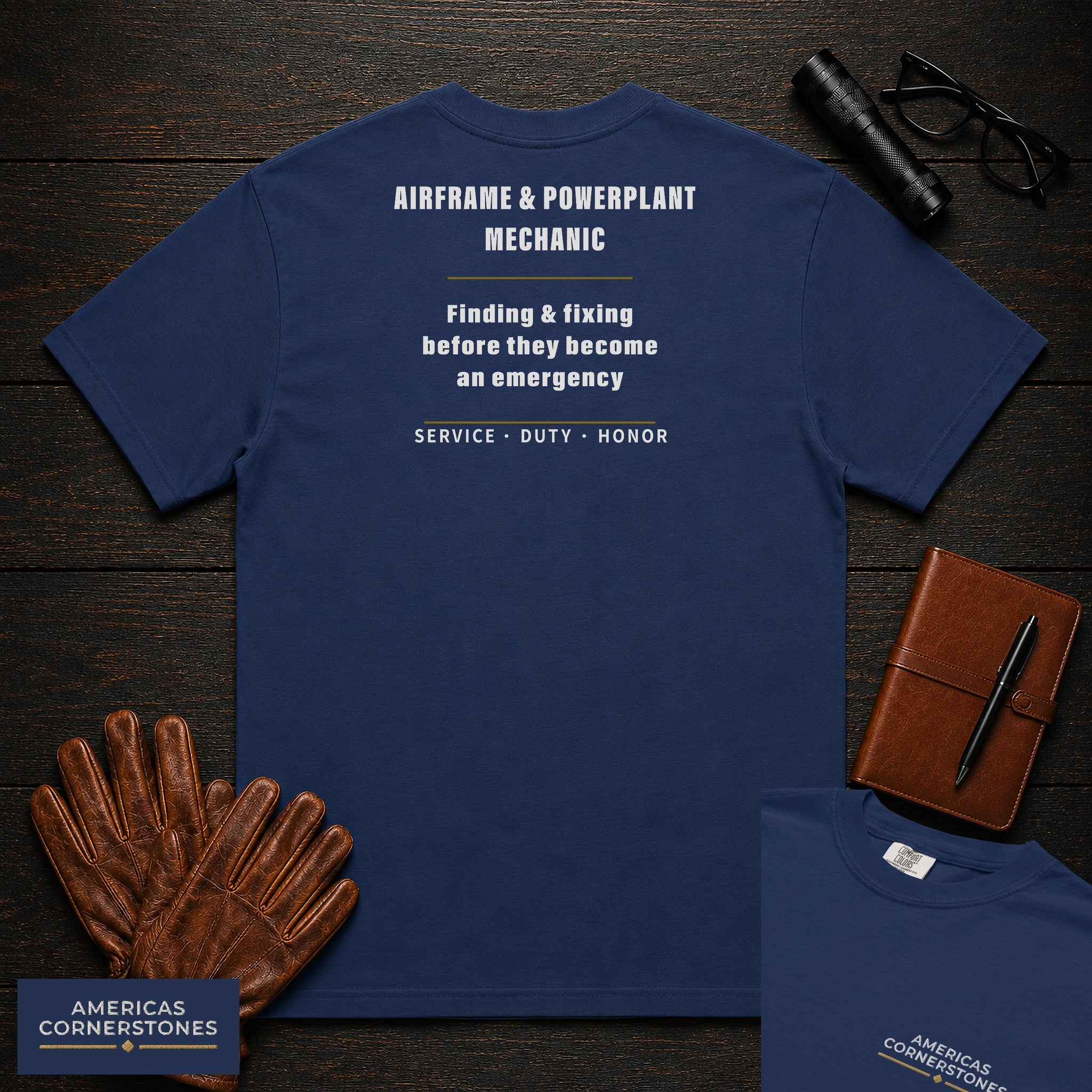 Airframe Powerplant Mechanic Statement T-Shirt in True Navy — Americas Cornerstones