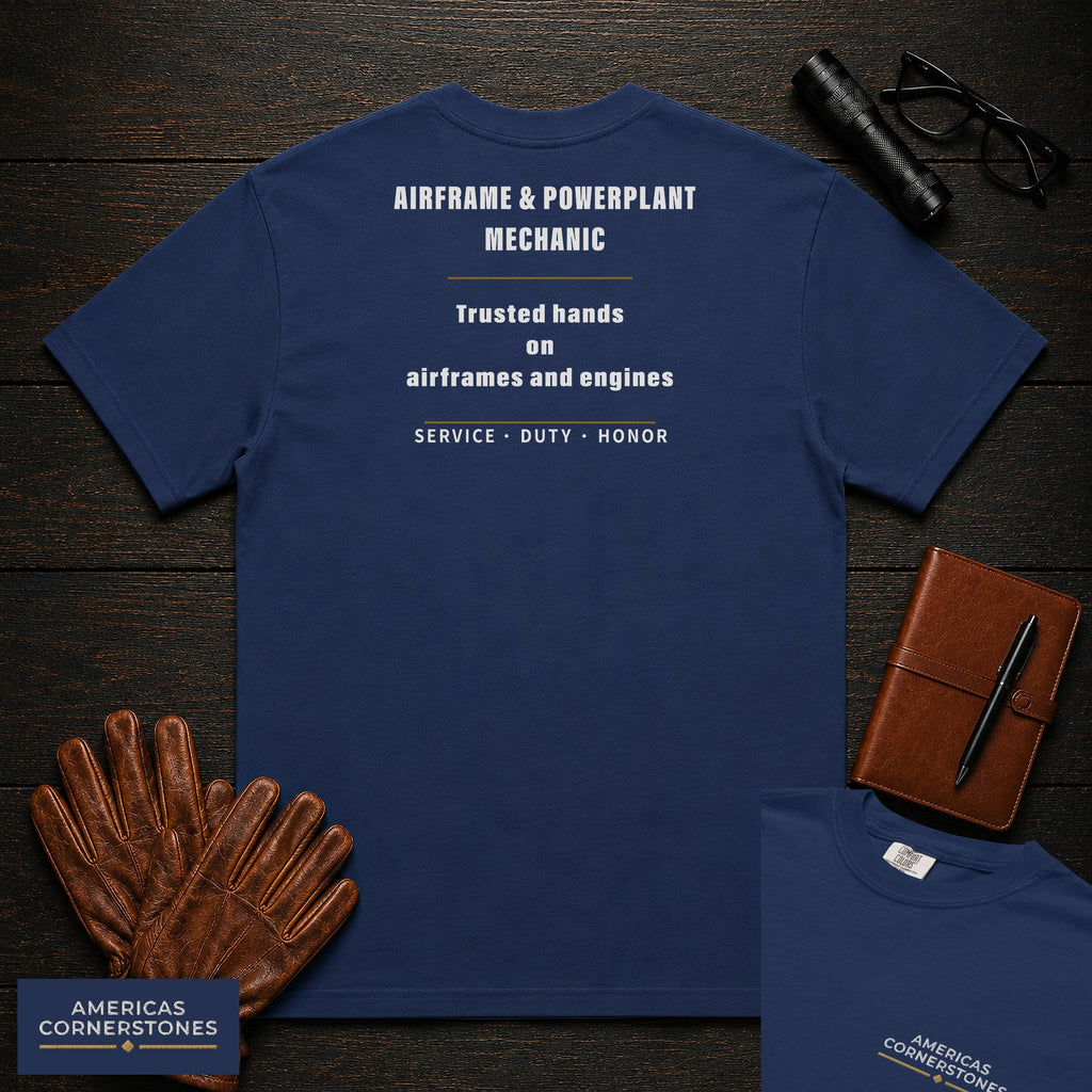 Airframe Powerplant Mechanic Statement T-Shirt in True Navy — Americas Cornerstones