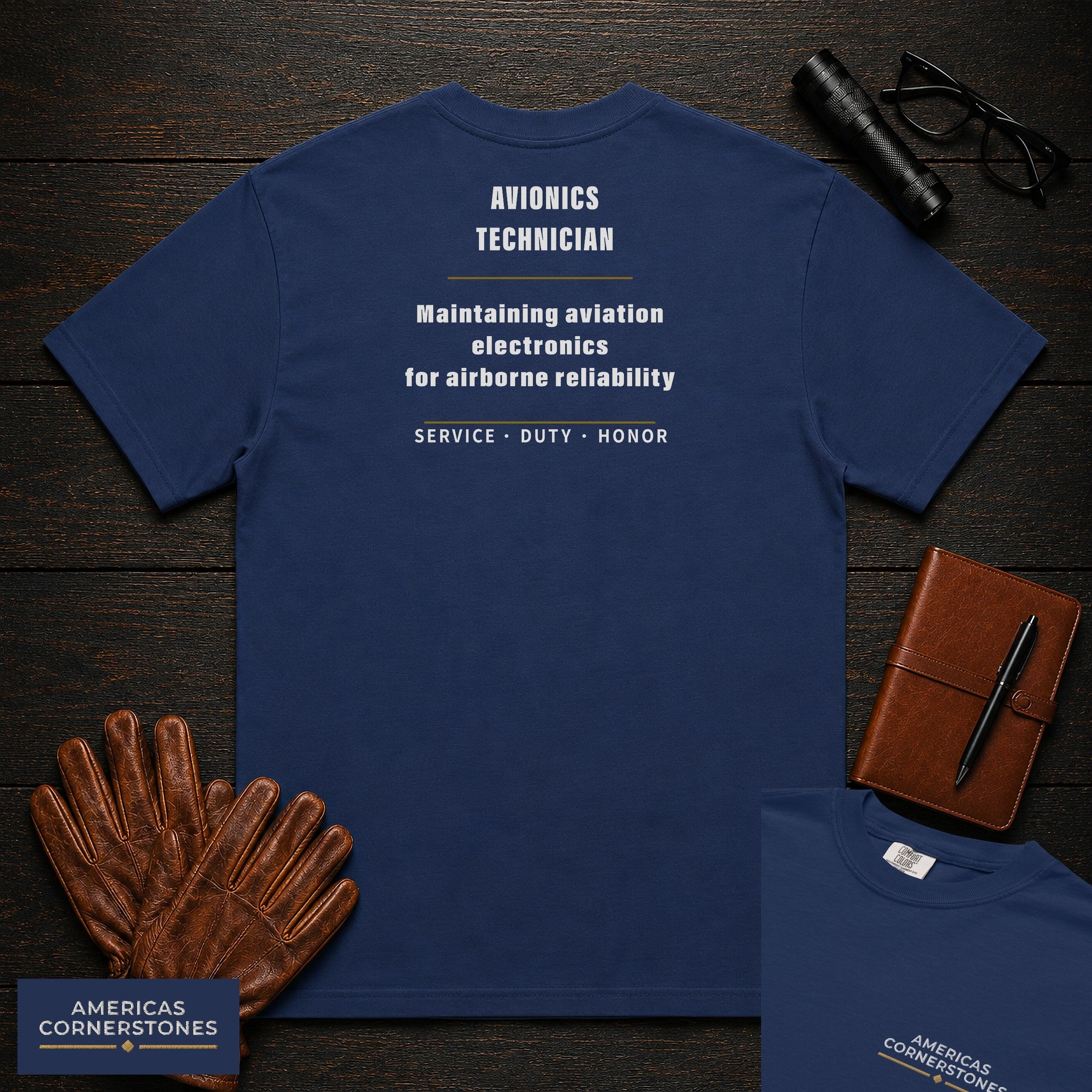 Avionics Technician Statement T-Shirt in True Navy — Americas Cornerstones