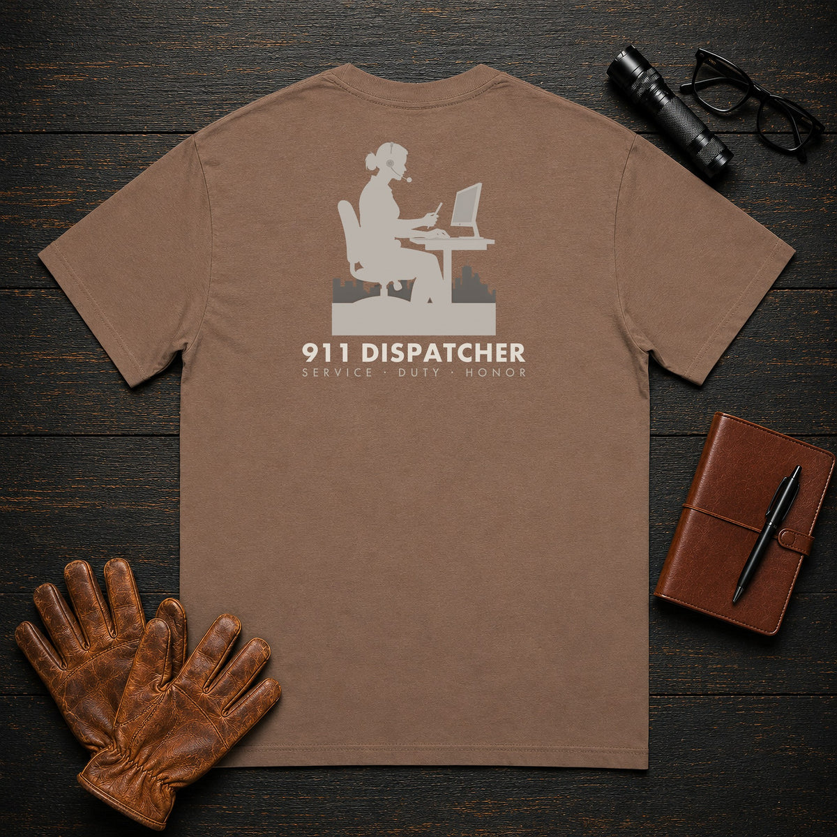 911 Dispatcher t-shirt in Espresso, Confirming a Location (Female)