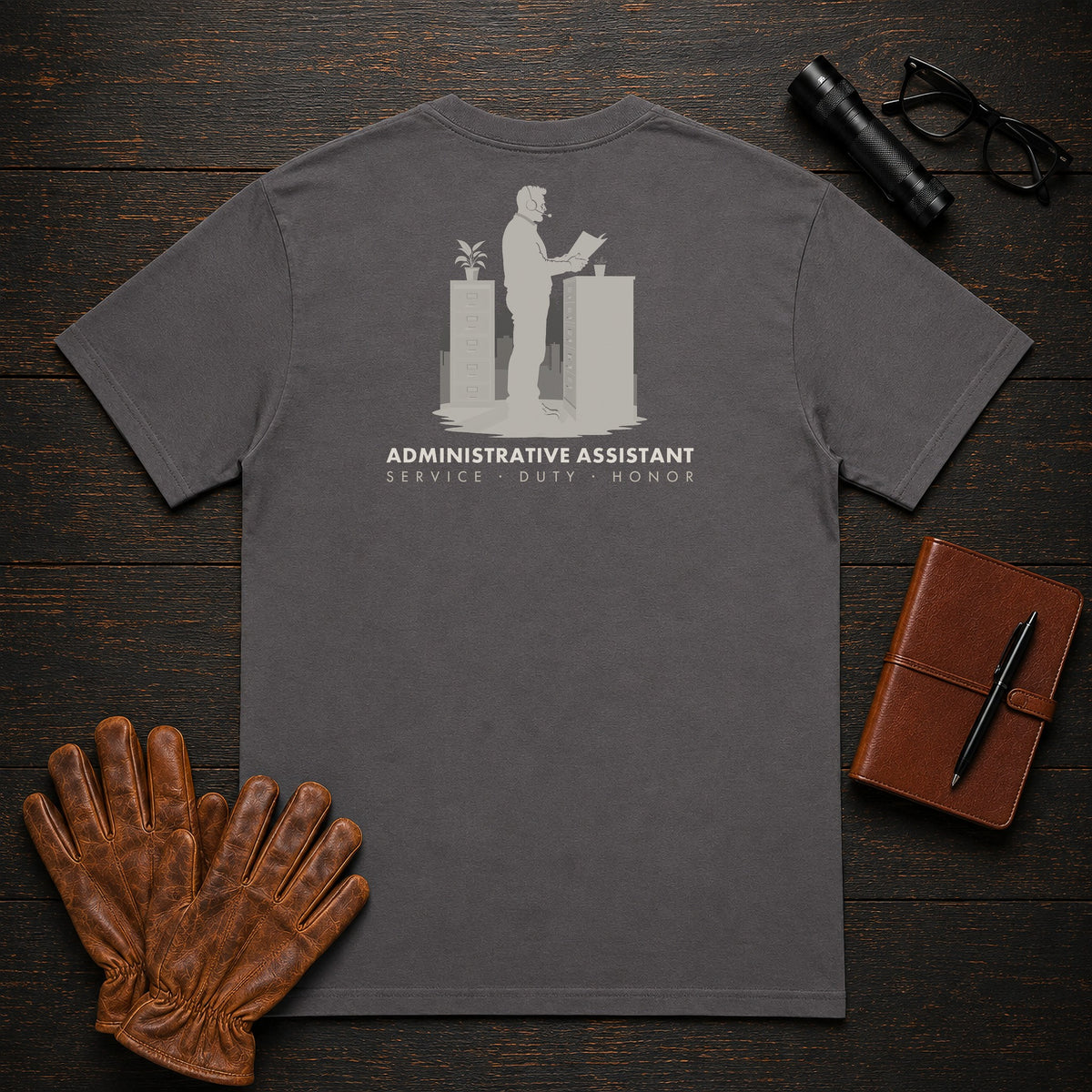 Administrative Assistant t-shirt in Graphite, Filing Records (Male)