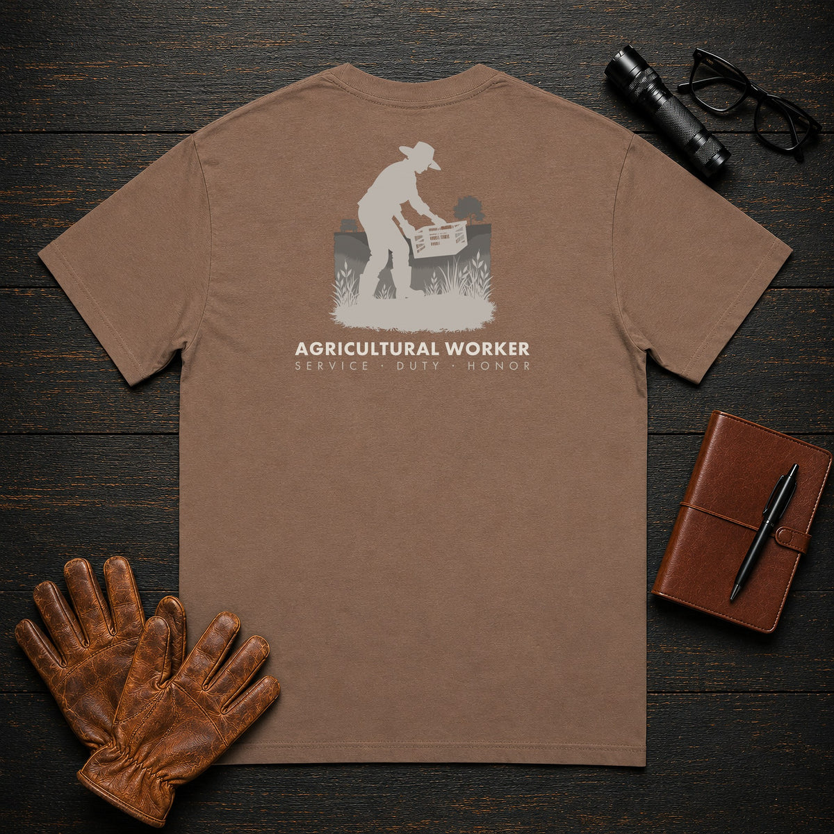 Agricultural Worker t-shirt in Espresso, Harvesting the Row (Female)