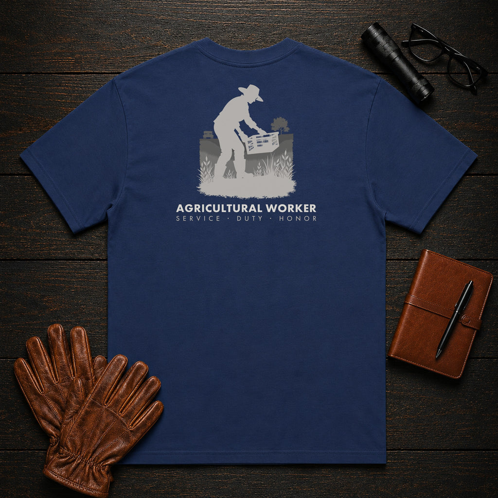 Agricultural Worker t-shirt in True Navy, Harvesting the Row (Female)