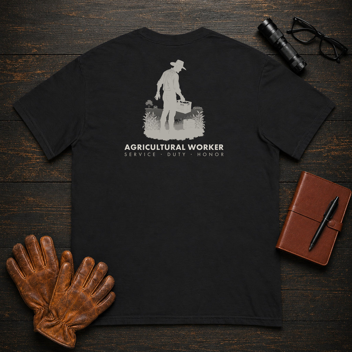 Agricultural Worker t-shirt in Black, Harvesting the Row (Male)