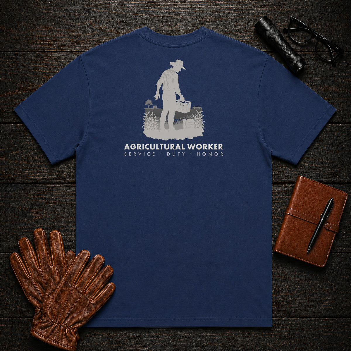 Agricultural Worker t-shirt in True Navy, Harvesting the Row (Male)