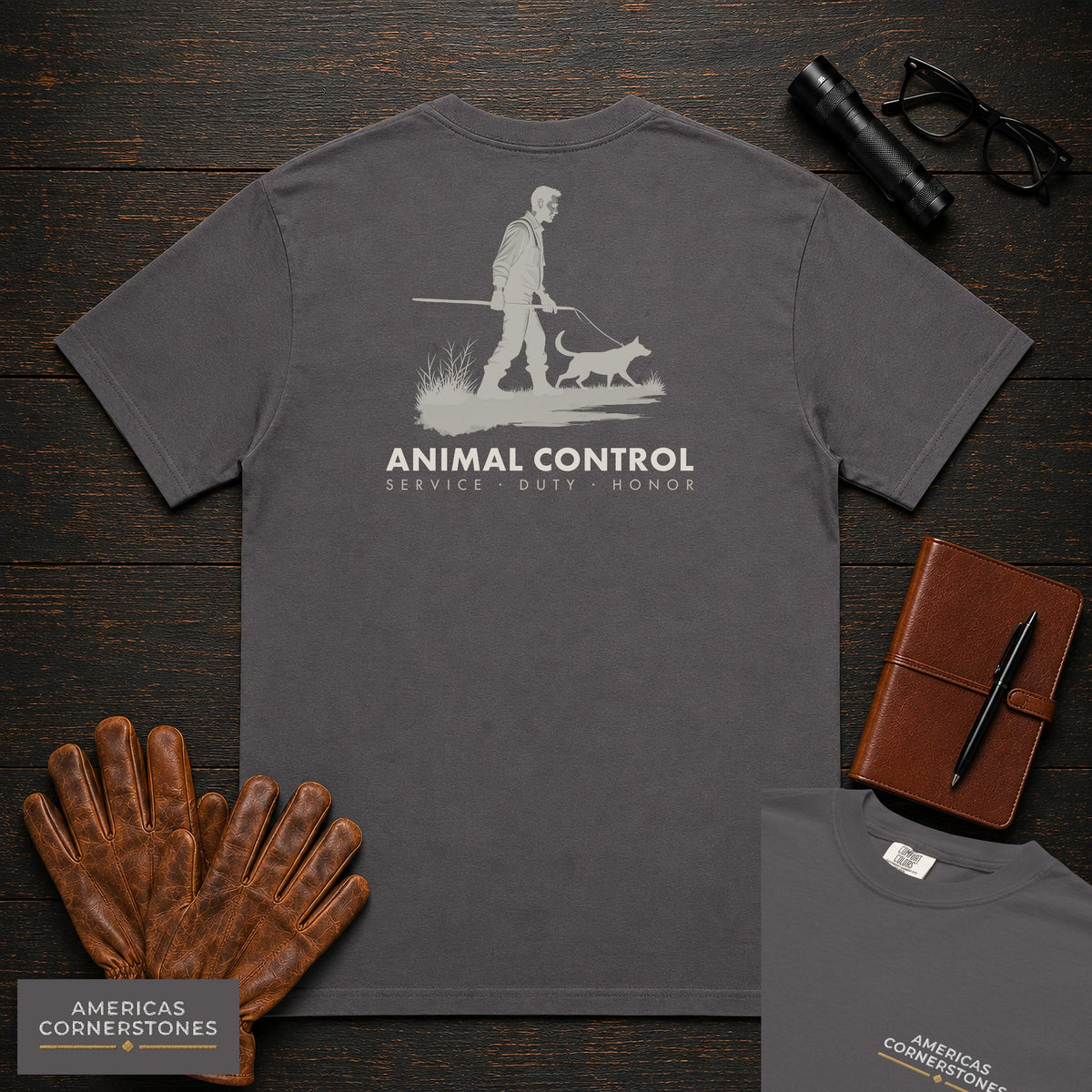 Animal Control embroidered t-shirt in Graphite, Catch Pole Approach (Male)