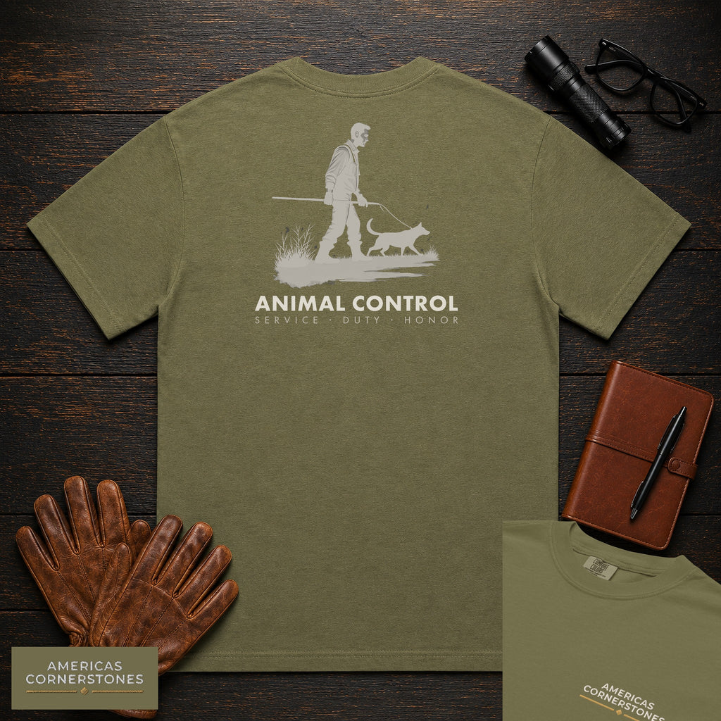 Animal Control embroidered t-shirt in Hemp, Catch Pole Approach (Male)
