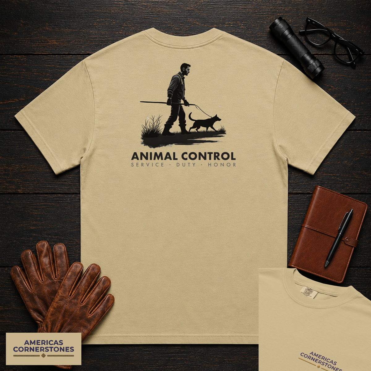 Animal Control embroidered t-shirt in Khaki, Catch Pole Approach (Male)